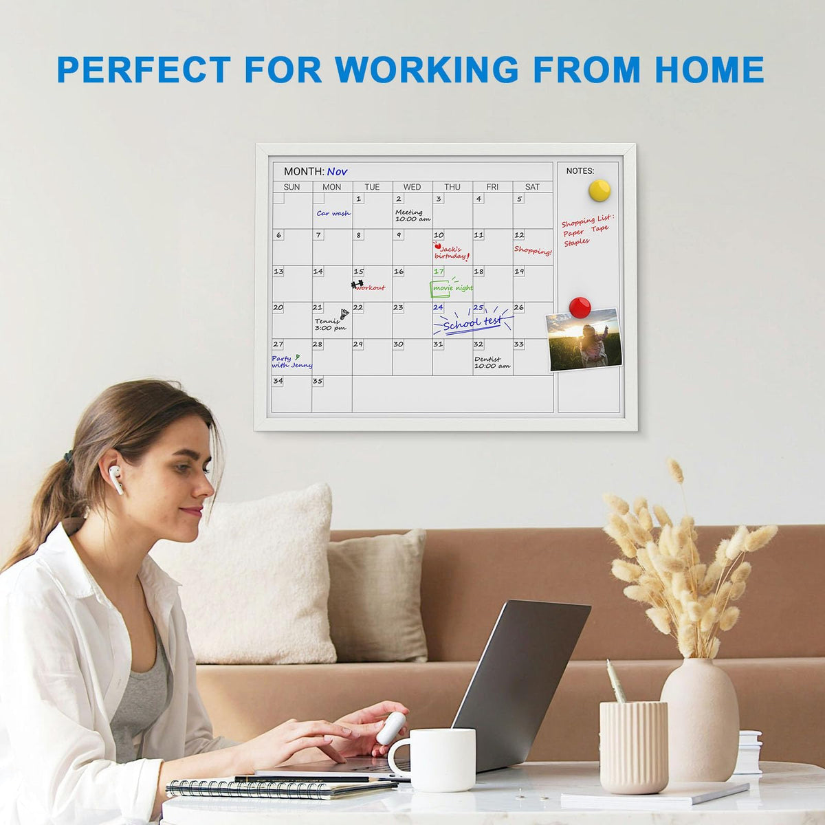 Comix Dry Erase Calendar for Wall, Magnetic Calendar Whiteboard with White Wood Frame, 24 * 18 inches Decorative Planner Board for Office, Kitchen, School, Home