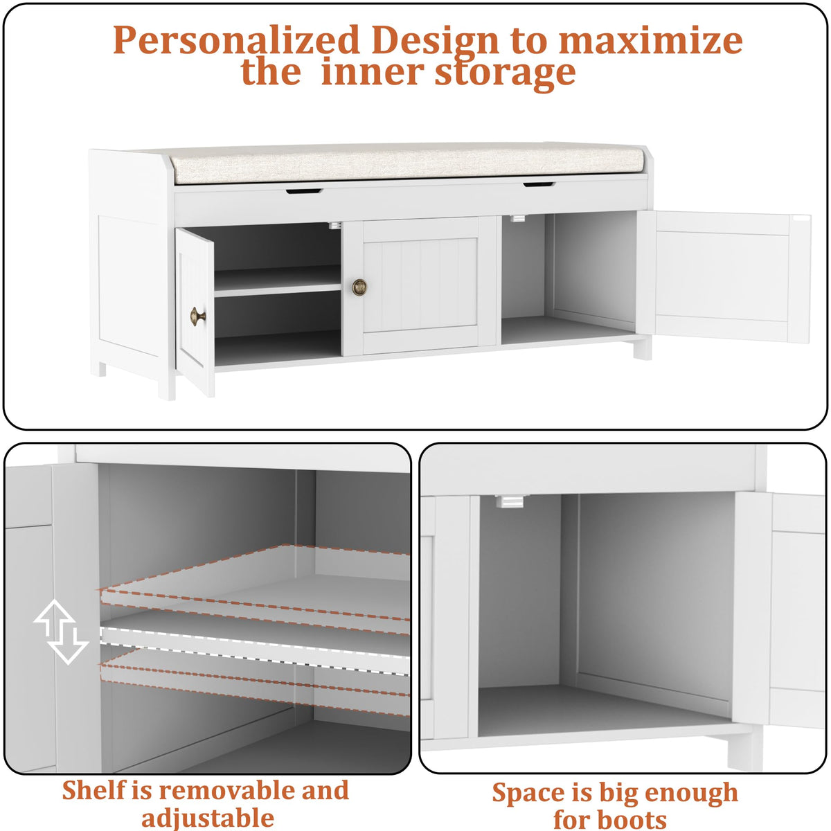 HOMEFORT 41.3" Shoe Bench with Lift Top Storage, Entryway Bench with Cushioned Seat, Wooden End of Bed Bench, Shoe Cabinet Bench with Hidden Storage Space, for Bedroom, Hallway,White