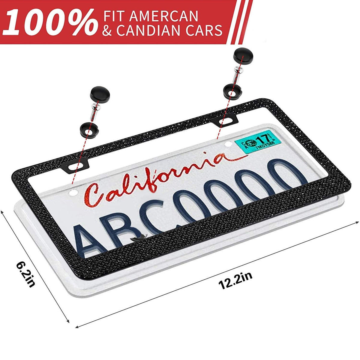 Bling License Plate Frame for Women, 1PCS Sparkly License Plate Frames| Over 1200 pcs 14 Facets Bedazzled Clear Glass Diamond Rhinestone Crystals w/Free Glitter Diamond Box (Black)