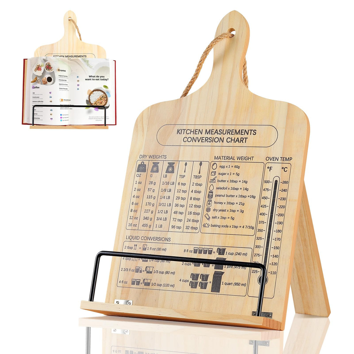 comfoyar Cookbook Stand for Kitchen Counter, Sturdy Recipe Book Holder with Adjustable Angle, Foldable Wood Cook Book Stand Holder with Measurement Conversion Chart, Easy Storage