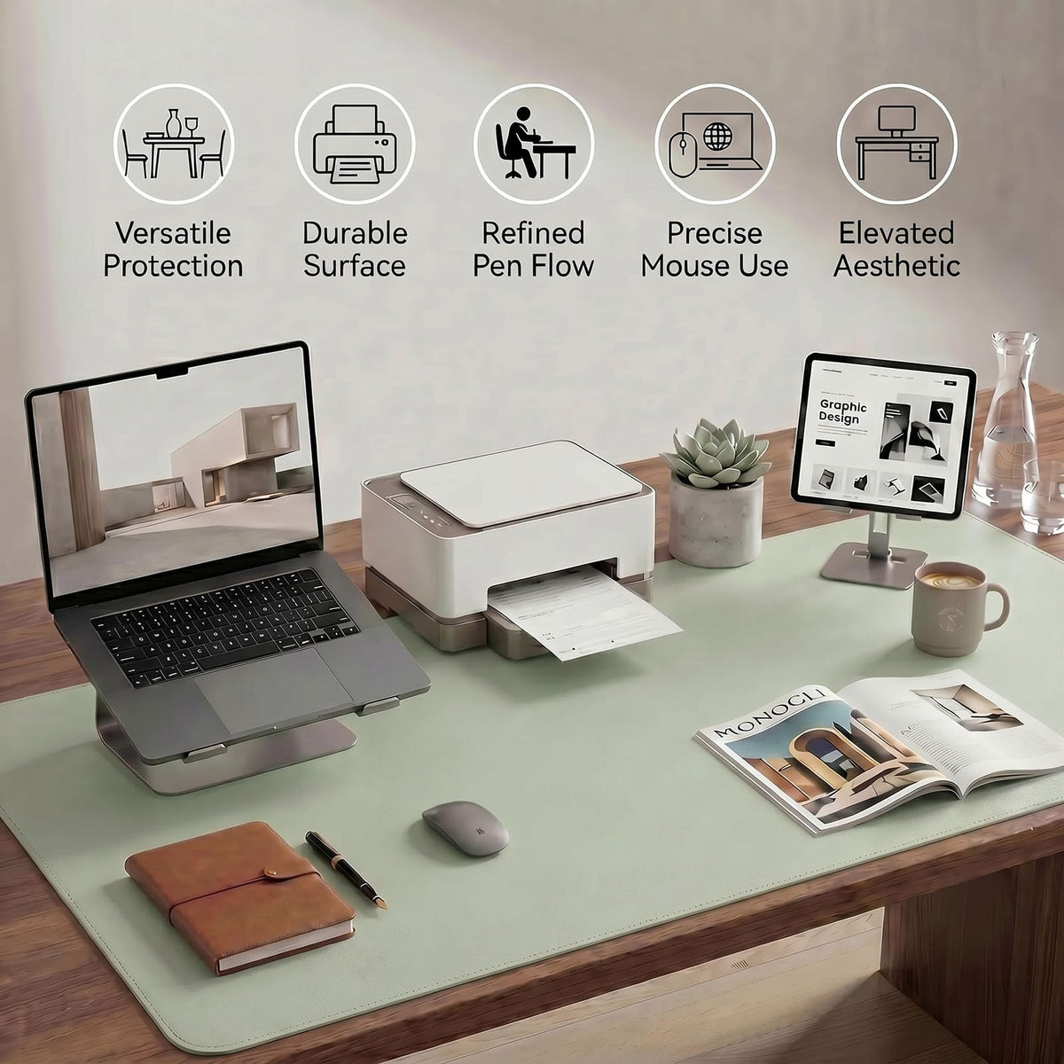 PROMATTOO Large Desk Pad Non-Slip Desk Mat Protector for Keyboard Mouse Waterproof Vegan Leather Surface Faux Leather Laptop Mat Smooth Mouse Pad Premium Gift Tube Matcha Green 35" x 17"