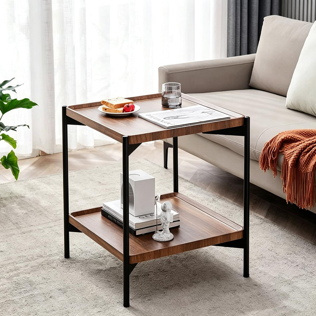 GTIWROTN 2 Tier Side Table, Small Square End Table with Sturdy Metal Legs, 20 inch Nightstand for Living Room, Bedroom, Office and Small Spaces (Walnut)