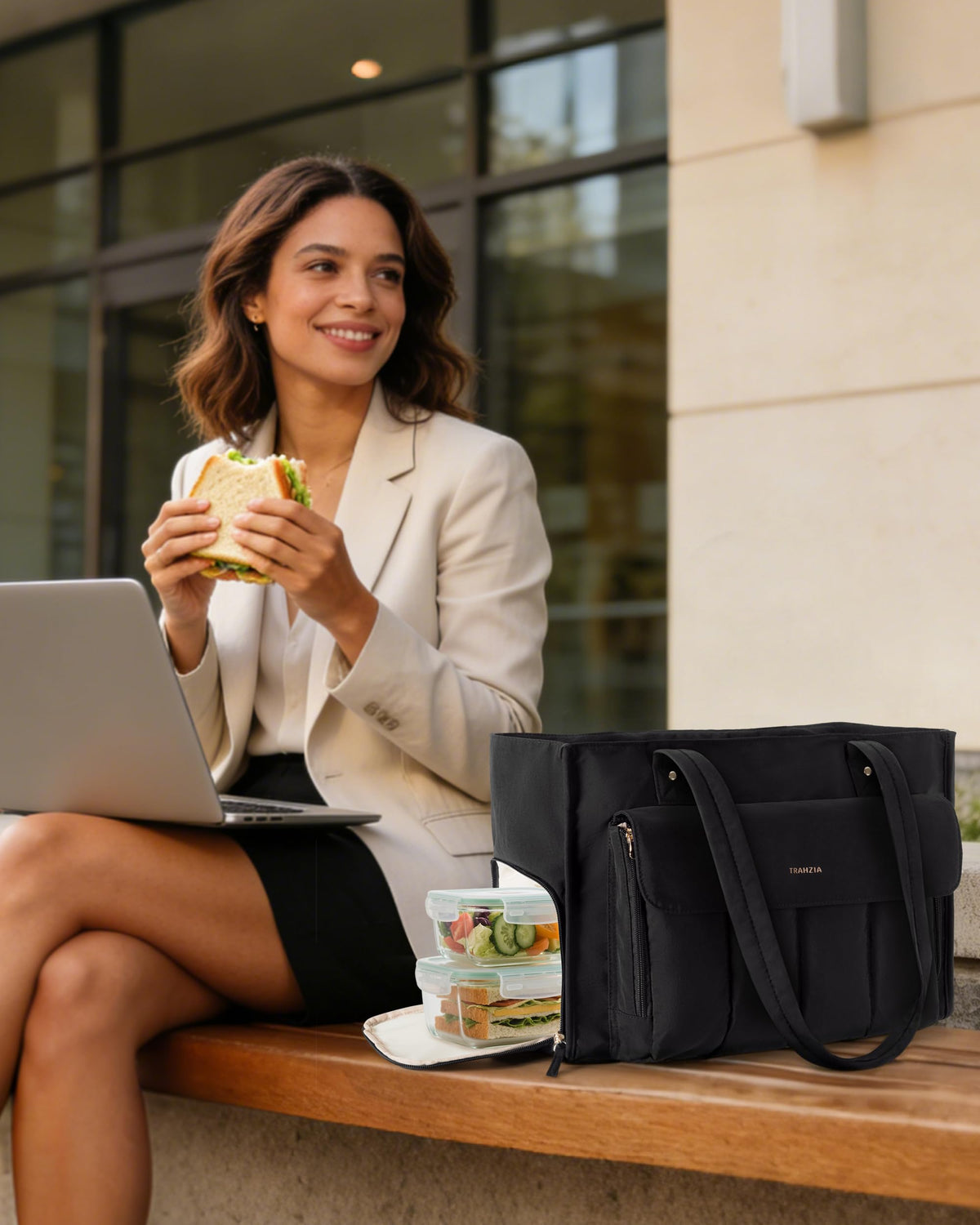 Trahzia Teacher Tote Bag with Lunch Compartment and Accordion Organizer, Insulated Work Lunch Bag Fits for 15.6” Laptop for Women, Black