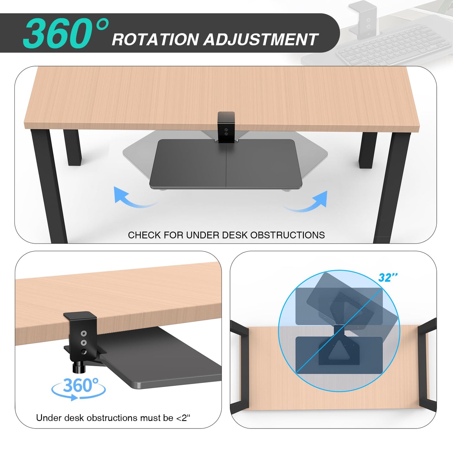 Large Under Desk Rotatable Computer Keyboard and Mouse Tray, Extra Sturdy Desk Swivel Clamp, Ergonomic Keyboard & Mouse Tray for Typing in Home, Office Work, 23 x 10 Inch