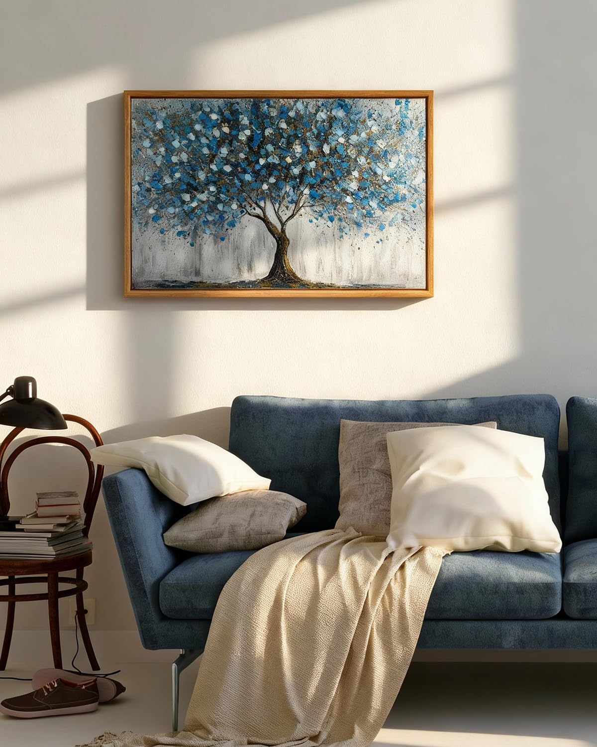 ARPEOTCY 3D Textured Large Framed Canvas Wall Art Prints, Abstract Modern Hand-Painted Blue Tree of Life Oil Painting, Neutral Artwork Home Wall Decor for Living Room Bedroom Office, 16x24inch