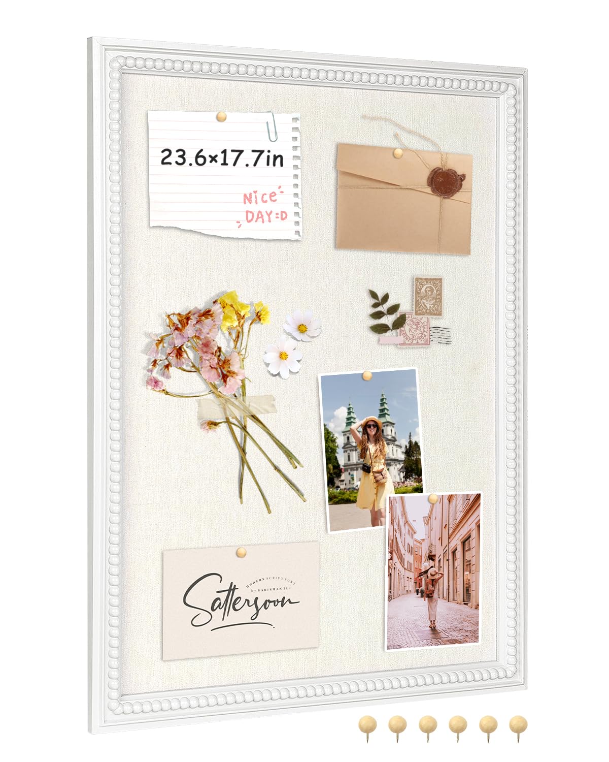 Framed Linen Bulletin Board - 18 x 24 inches Fabric Organizer Pinboard for Wall, Picture Display Vision Board, Cutecore Room Decor - Natural Linen with White Frame