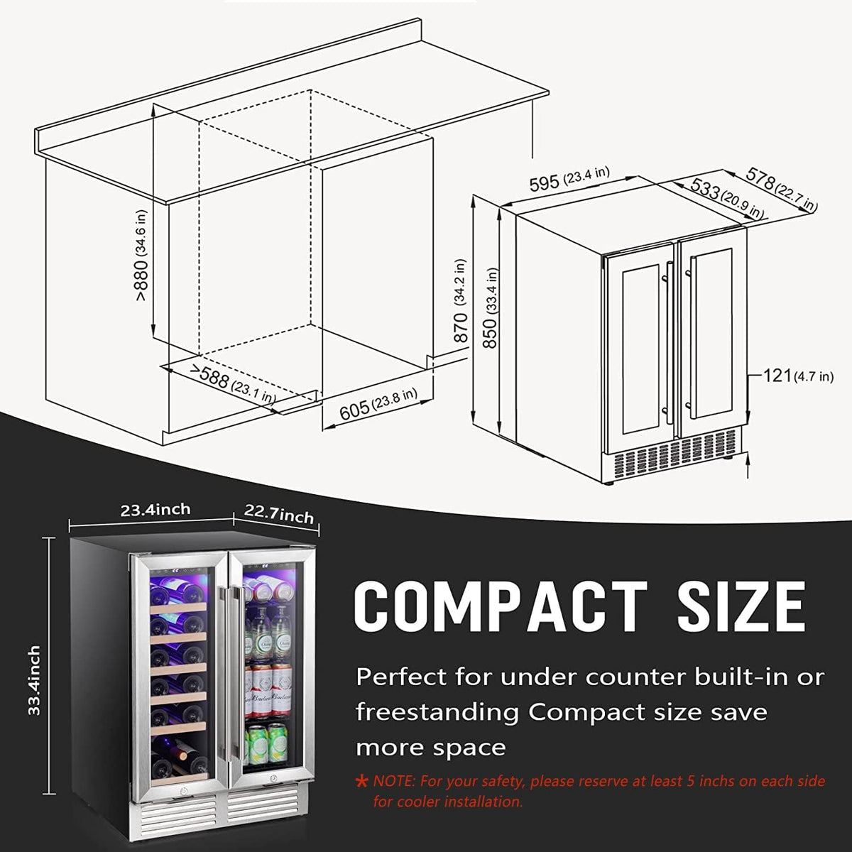 Antarctic Star 24 Inch Dual Zone Wine and Beverage Refrigerator, Built-in or Freestanding Mini Fridge with Clear Glass Door & LED Light, for Beer, Soda, and Wine