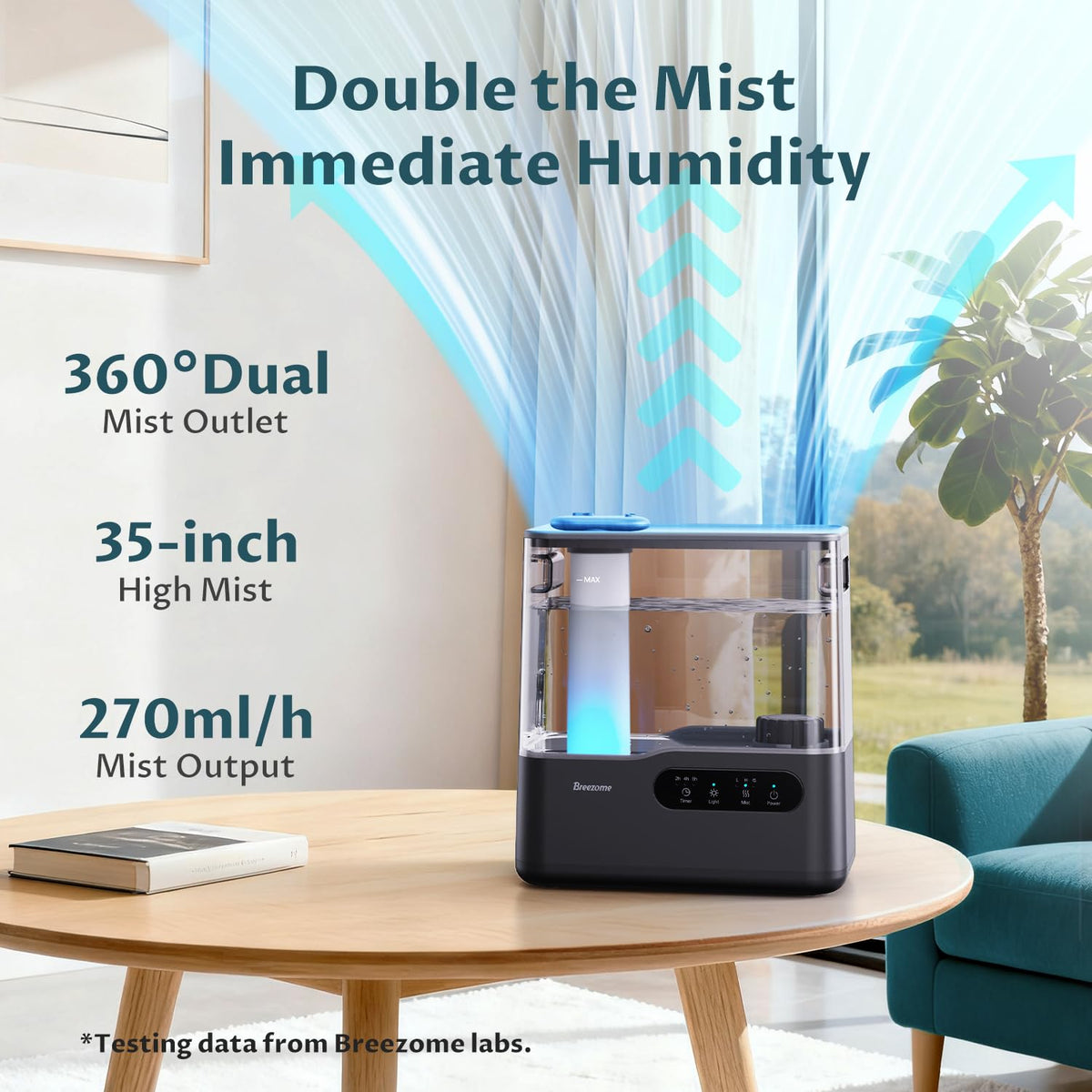 BREEZOME 5L Humidifiers for Bedroom Large Room, 36H Top Fill Cool Mist Humidifier with Essential Oil Tray, 7-Color Mood Light, Timer, Quiet Ultrasonic Humidifier for Home, Baby Nursery, Plants