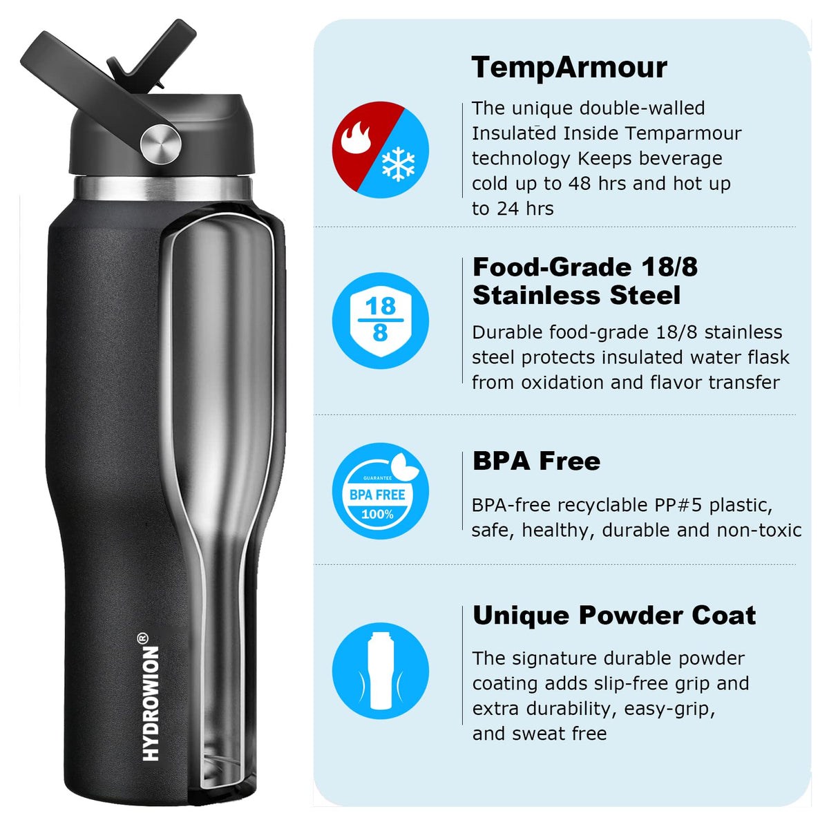 HYDROWION 32oz Stainless Steel Water Bottle(Cold for 48 Hrs, Hot for 24 Hrs),Double Wall Vacuum Insulated Water Bottle with Straw Lid, Spout Lid and Flex Cap, Fit in Any Car Cup Holder,Black