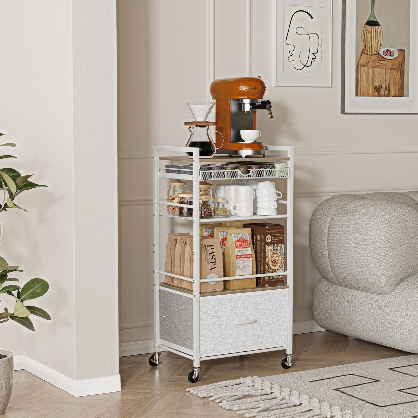Lurgno Coffee Bar Cabinet with Storage，5 Tier Coffee Station Table on Wheels, 33.6" H Cart with Drawer for Home Kitchen, Liquor Buffet Sideboard Cabinet (Modern White)