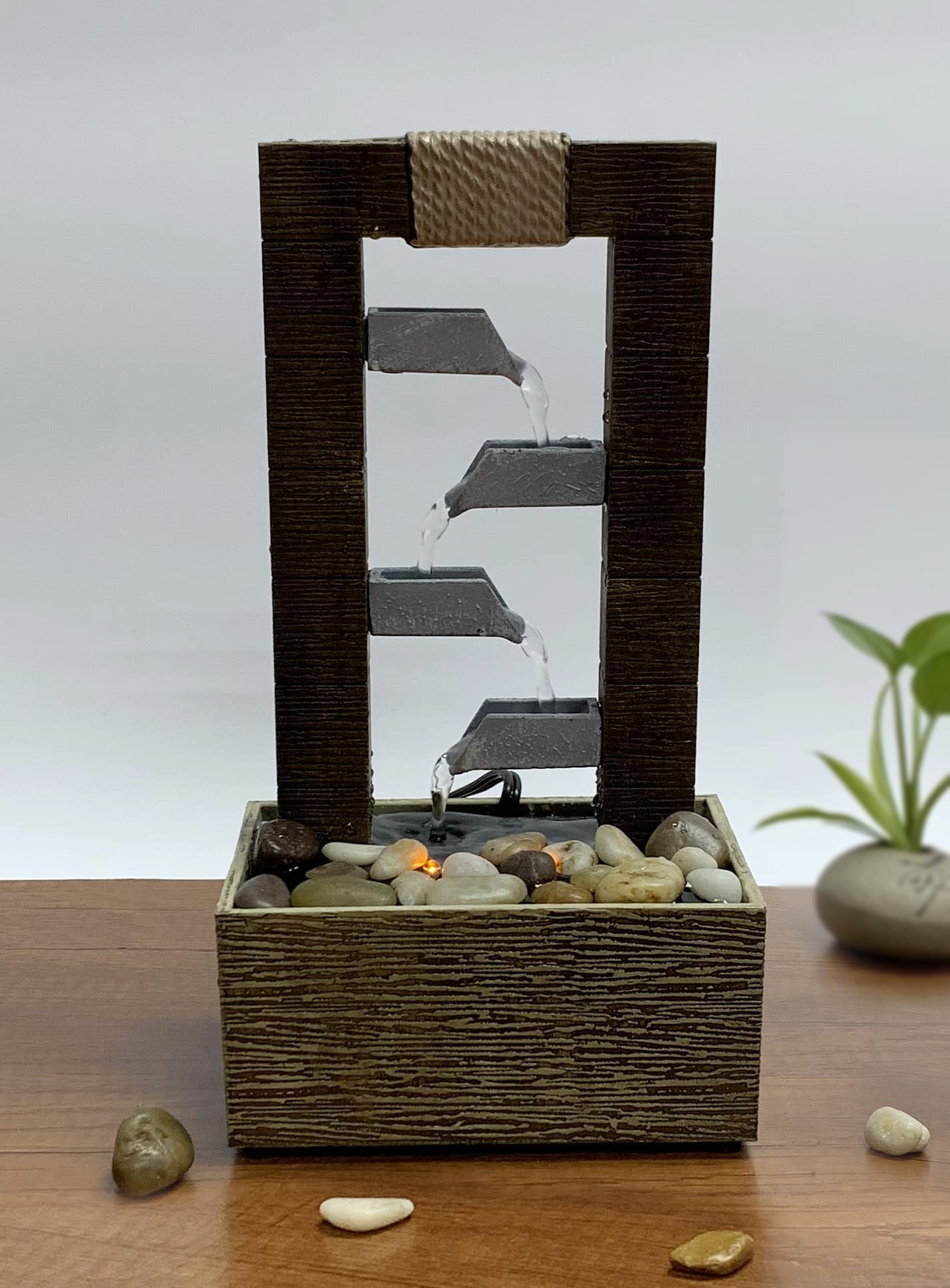 Nature's Mark 10" H 4 Tiered Cascading Tabletop Water Fountain with Natural River Rocks and LED Lights (Power Cord Attached)