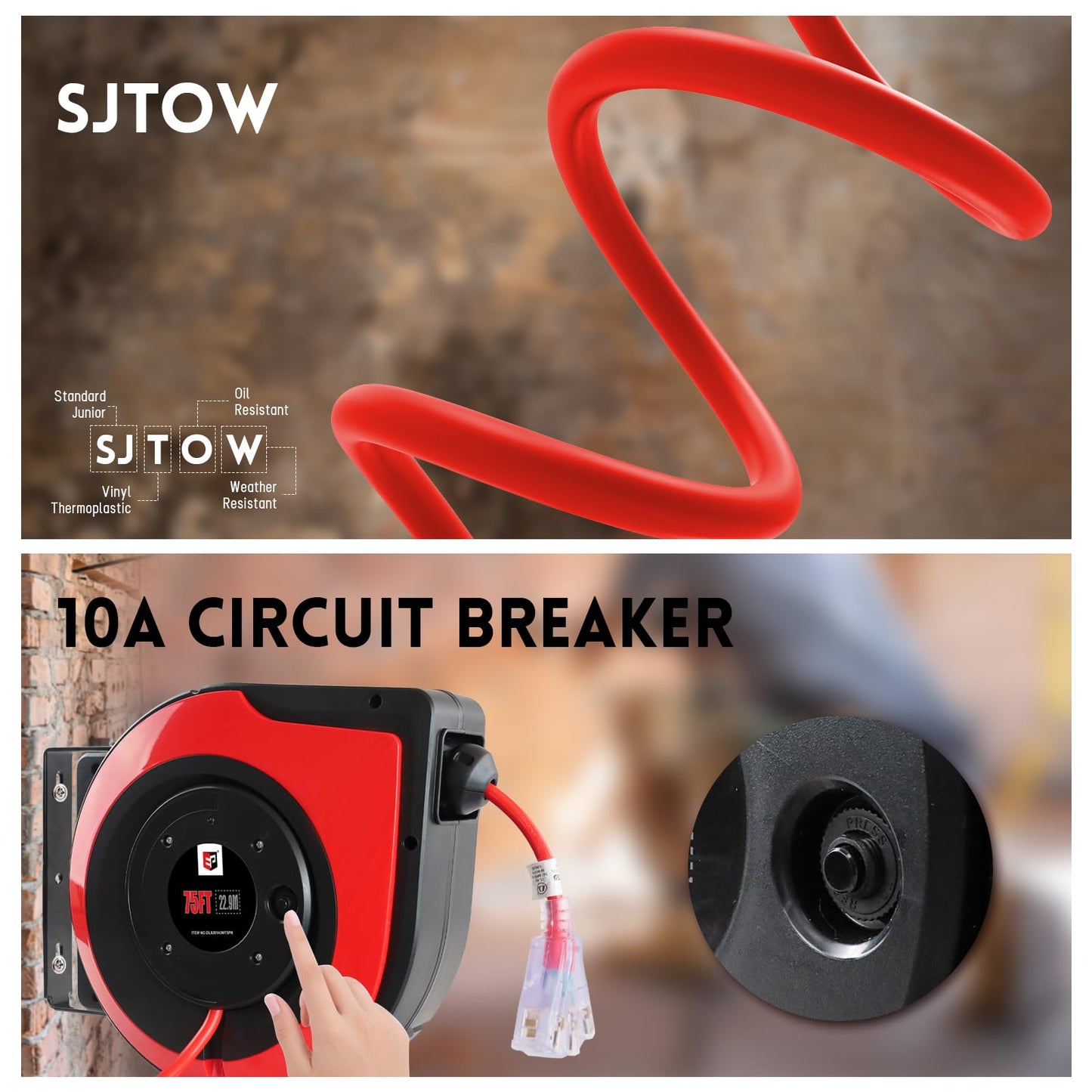 EP Retractable Extension Cord Reel,75 Feet 14 AWG/3C SJTOW Heavy Duty Power Cord,10 AMP Circuit Breaker, 3-Lighted Triple Outlets,Ceiling or Wall Mount Use Indoor, Red