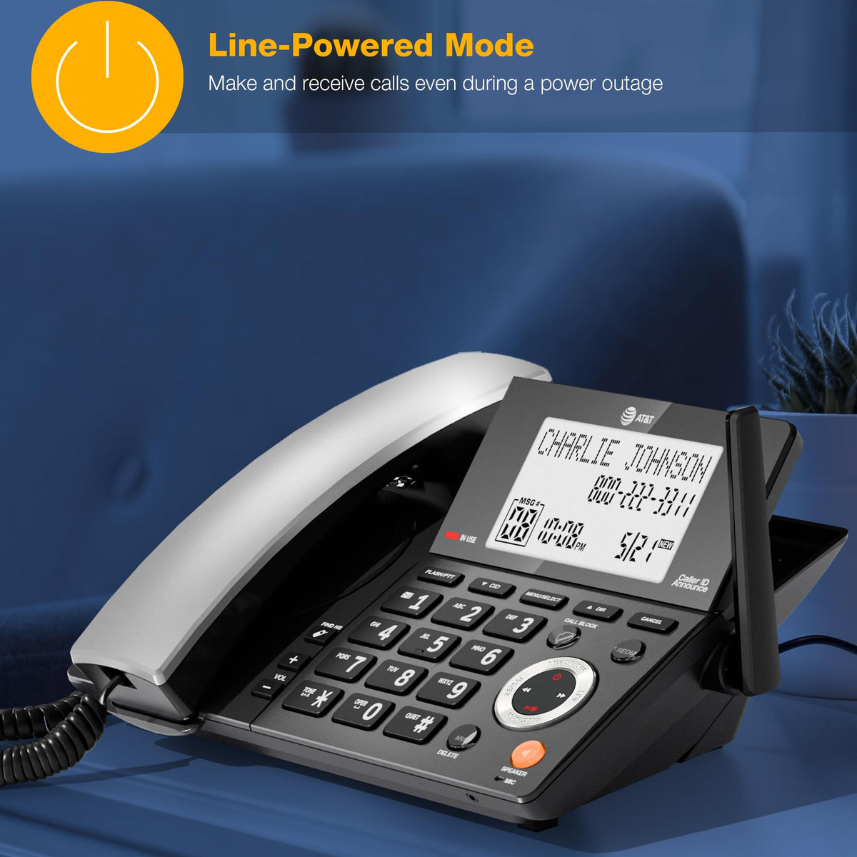 AT&T CL84218 DECT 6.0 Corded/Cordless Phone System with Smart Call Blocker, Answering Machine & 2 Handsets Long Range, Big Buttons for Seniors, Charcoal Black