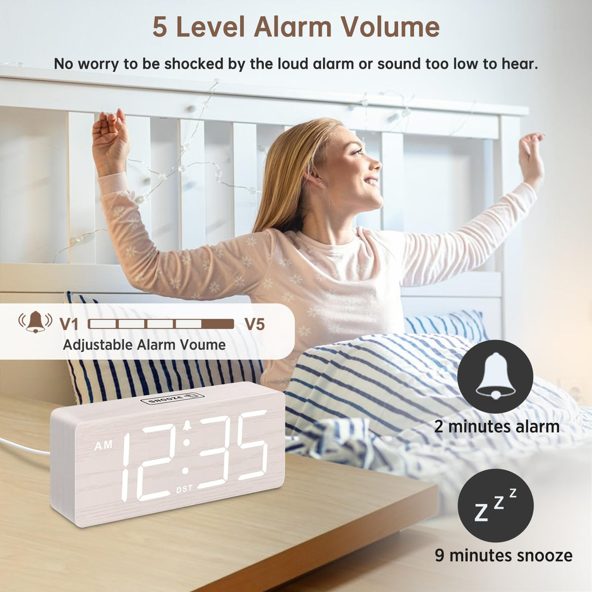 DreamSky Wooden Digital Alarm Clock for Bedroom - Desk Clock for Living Room with Large Numbers, Dimmer, Loud Alarm for Heavy Sleepers with Volume Control, DST, Office Wood Decor (Plug in Clock)
