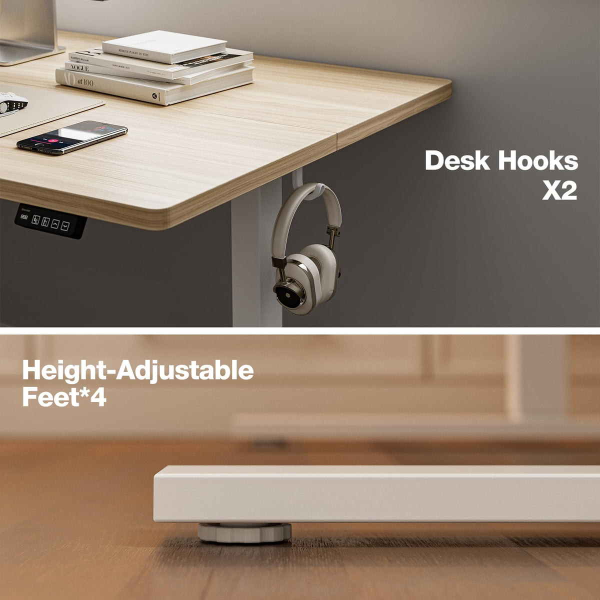 Grandder 55x32 Large Electric Standing Desk, Height Adjustable Computer Desk with 2 Memory Presets, 31.5" Deep Desktop Sit Stand Desk Home Office Desk Workstation Table with Hooks, Light Walnut