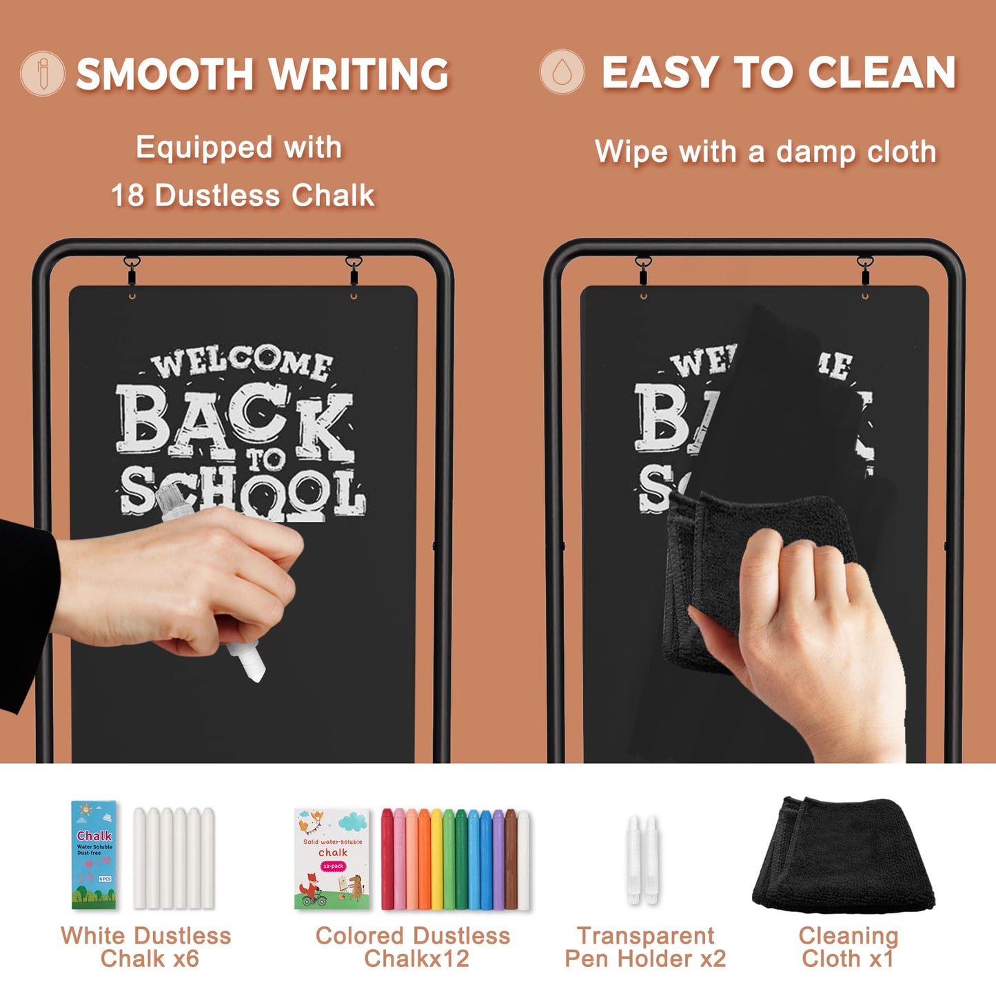 SELEAD Metal Swinging Chalkboard with Wheels - 40" x 20" Double Sided Rolling Sidewalk Chalk Board Easel Sign, Large Outdoor Indoor Menu Message Sandwich Pizarra for Business, Wedding, Cafe