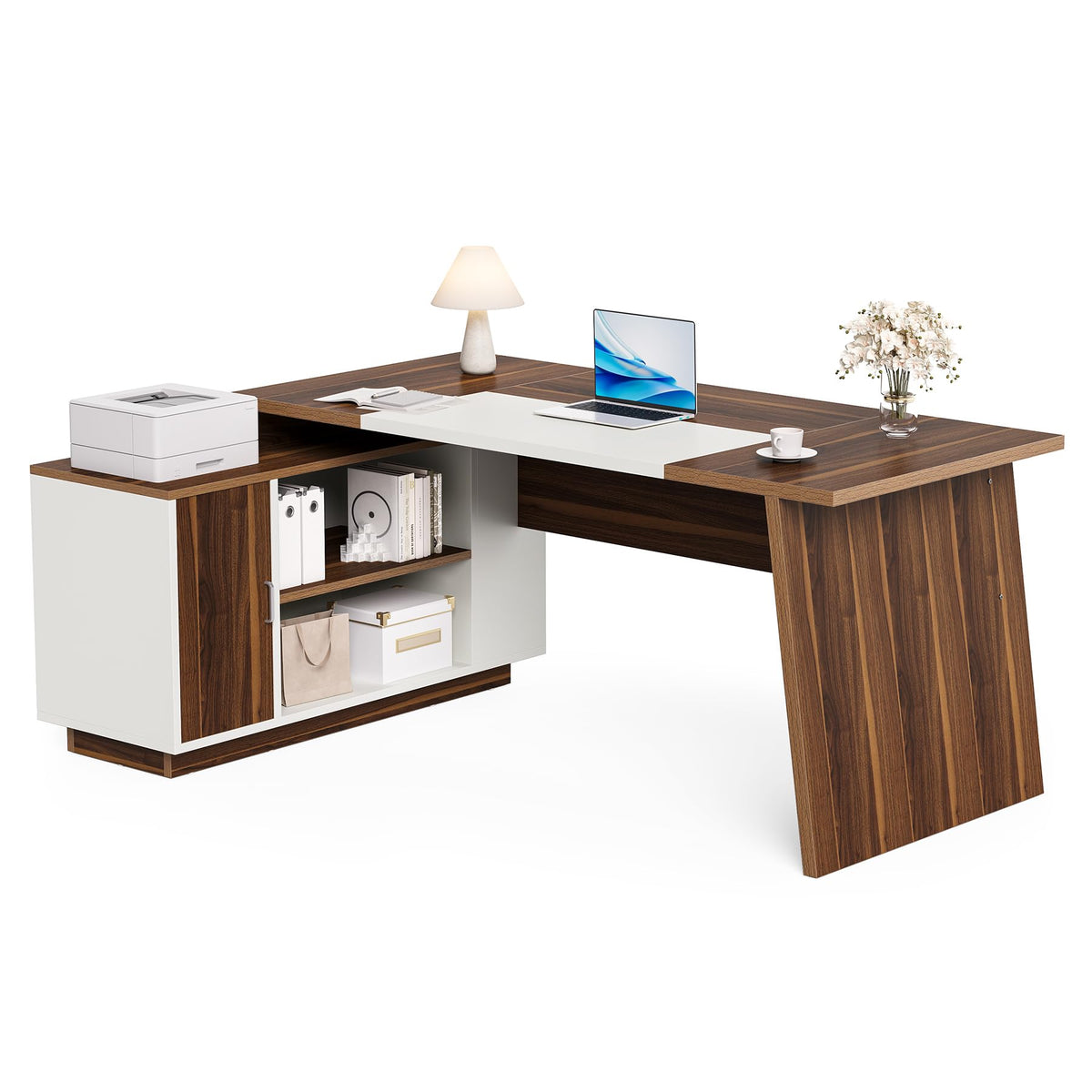 LITTLE TREE 70.5-Inch Executive Desk, Large Home Office Desk with Storage Cabinet and Open Shelves, L-Shaped Computer Corner Desk, Workstation for Office Home, Walnut and Black