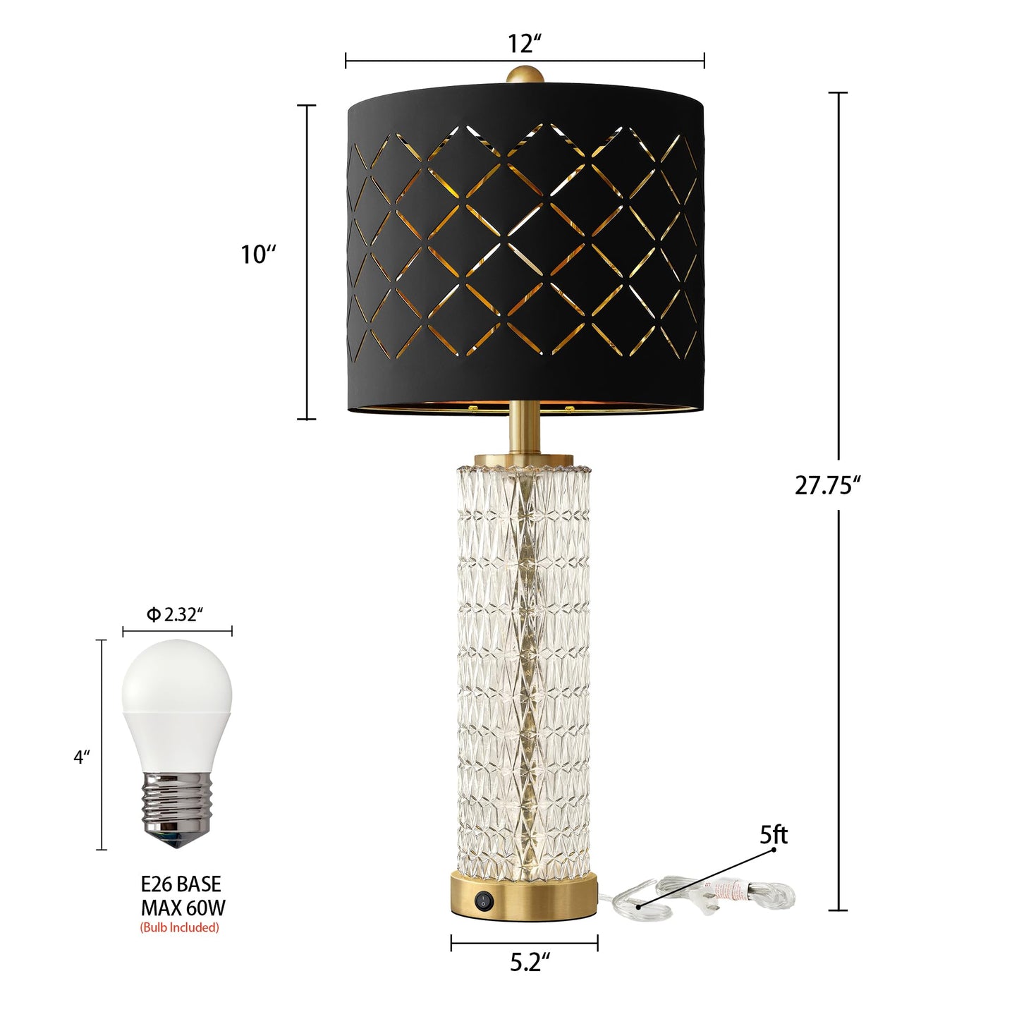 Oneach 27.75" Modern Table Lamps Set of 2, Gold Bedside Lamp with Crystal Nightlight, USB A+C, Black Grid Shade, Unique Desk Lamps for Living Room, Bedroom, Nightstand, End Table (2 Bulbs Included)