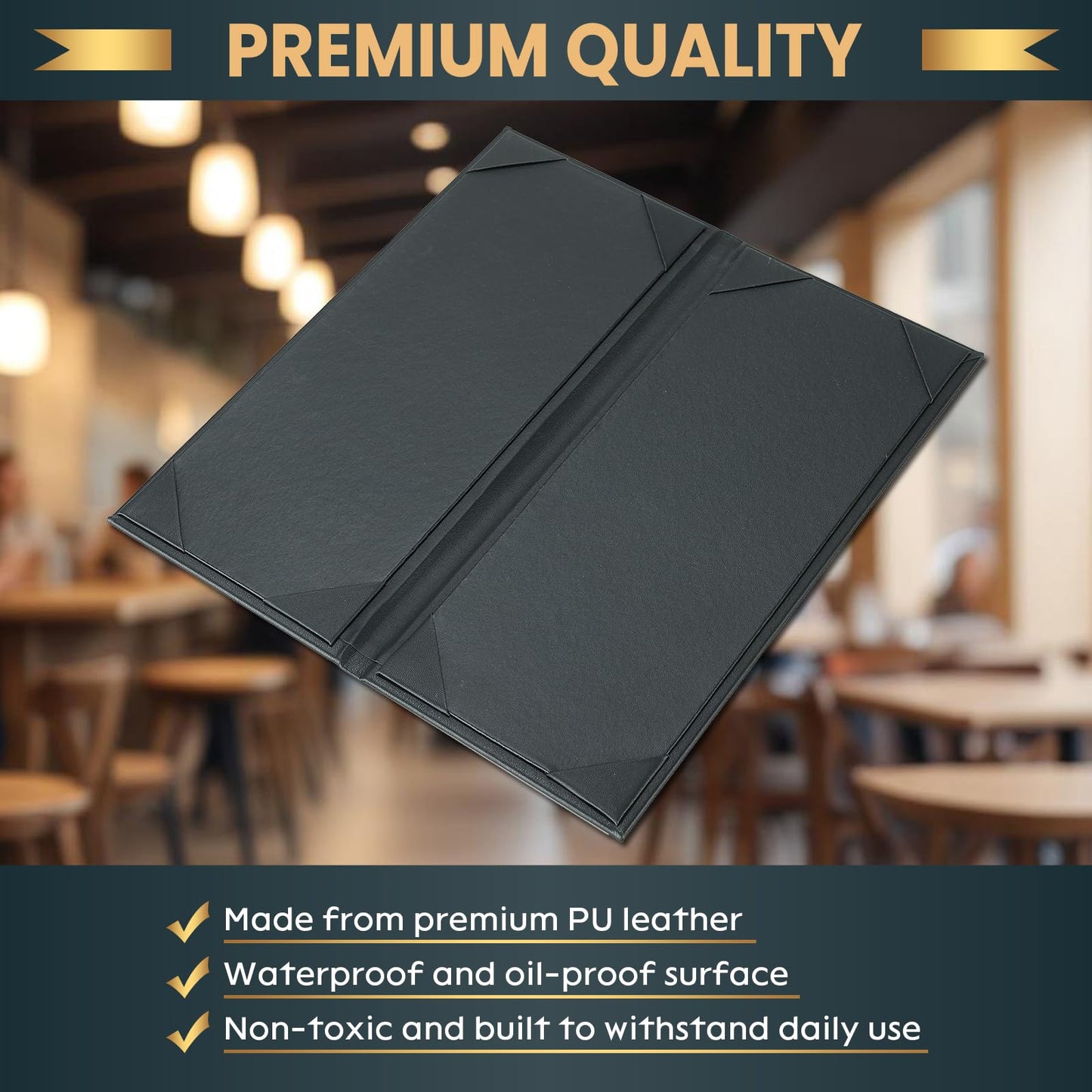 AMGSH 12 Pack 2 View Menu Holder Menu Covers 4.25" x 11" | Black Leather Menu Sleeves Book Style for Restaurant Coffee Bars Wine List