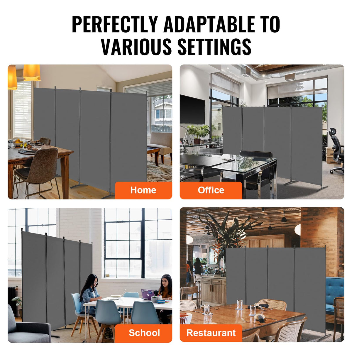 VEVOR Room Divider, 4 Panel Room Divider, 136" W Folding Privacy Screen and Portable Partition Divider for Room Separation, Freestanding Room Partitions for Office, Bedroom, Study, Grey