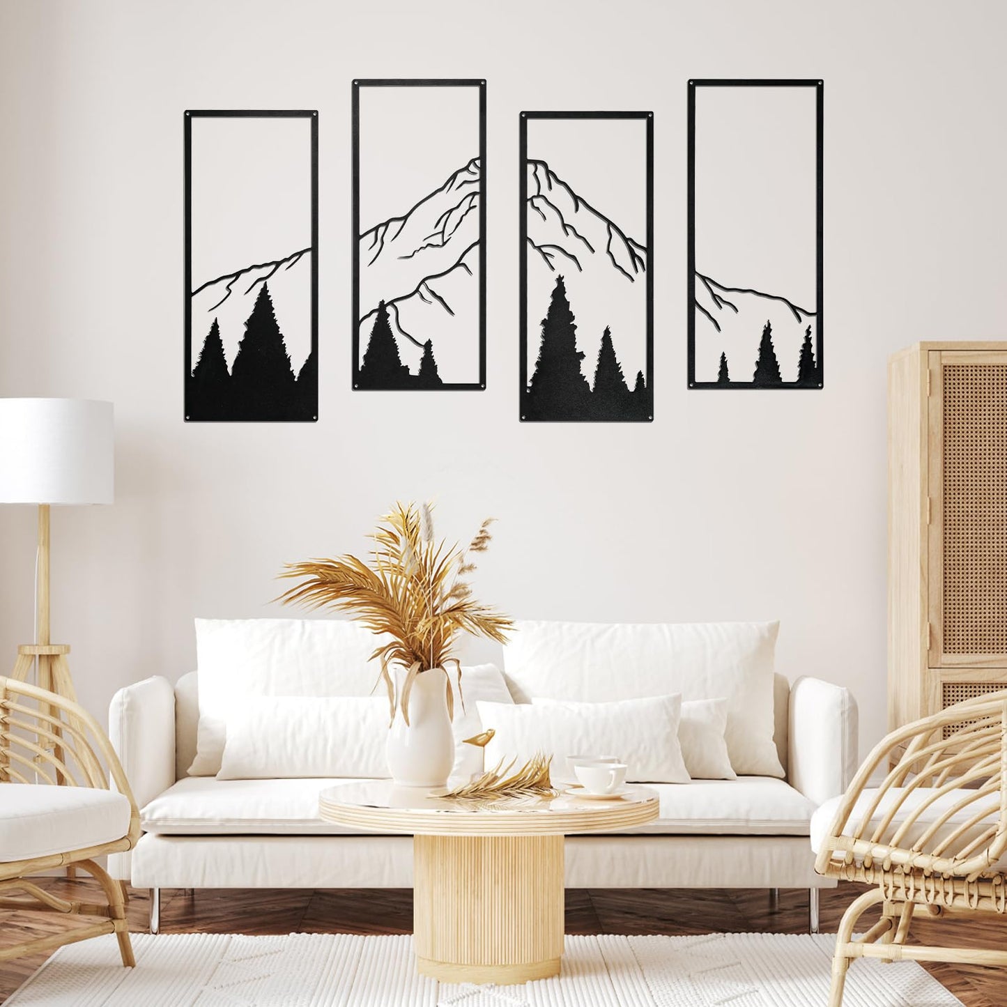 SEISSO 4 Pcs Metal Mountain Wall Art Black Mountain and Forest Wall Decor Line Drawing Metal Wall Sculptures Minimalist Rustic Nature Wall Art Decor for Living Room Office Bedroom Home 17 x 7.5 In