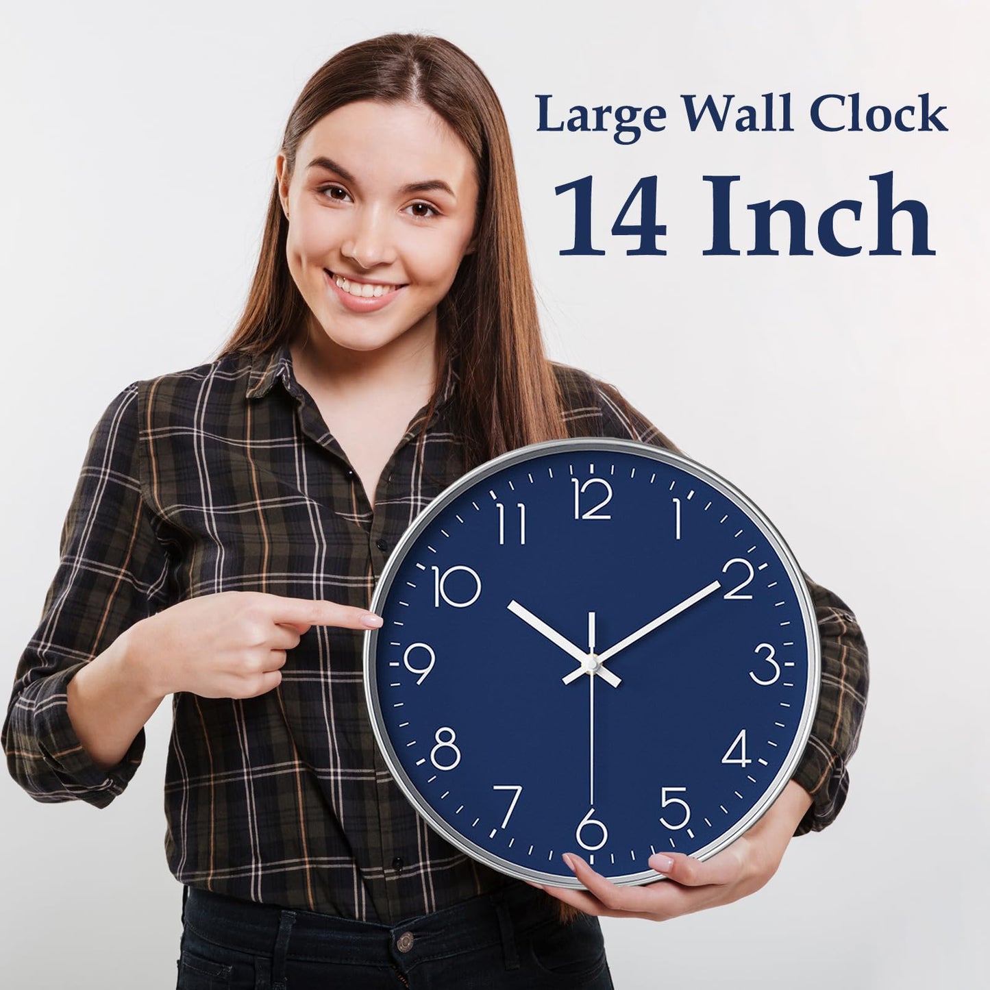 SENYURI Navy Blue Modern Wall Clock for Living Room Decor, 14 Inch Large Wall Clock Silent Battery Operated, Classic Round Analog Clock for Bedroom, Kitchen, Office, Bathroom, Outdoor Patio, Pool