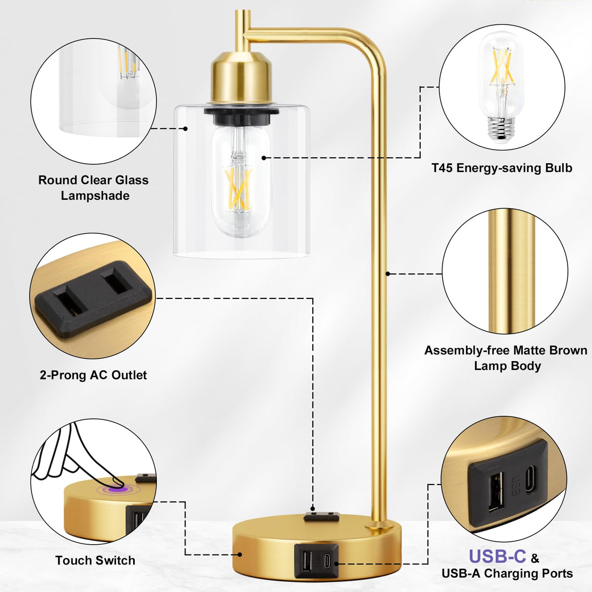 Innqoo Industrial Gold Table Lamp for Bedrooms Set of 2-3-Way Dimmable Desk Lamp with USB C+A Ports and Outlet, Gold Lamps with Clear Glass Shade for Living Room, Desk Lamps for Home Office
