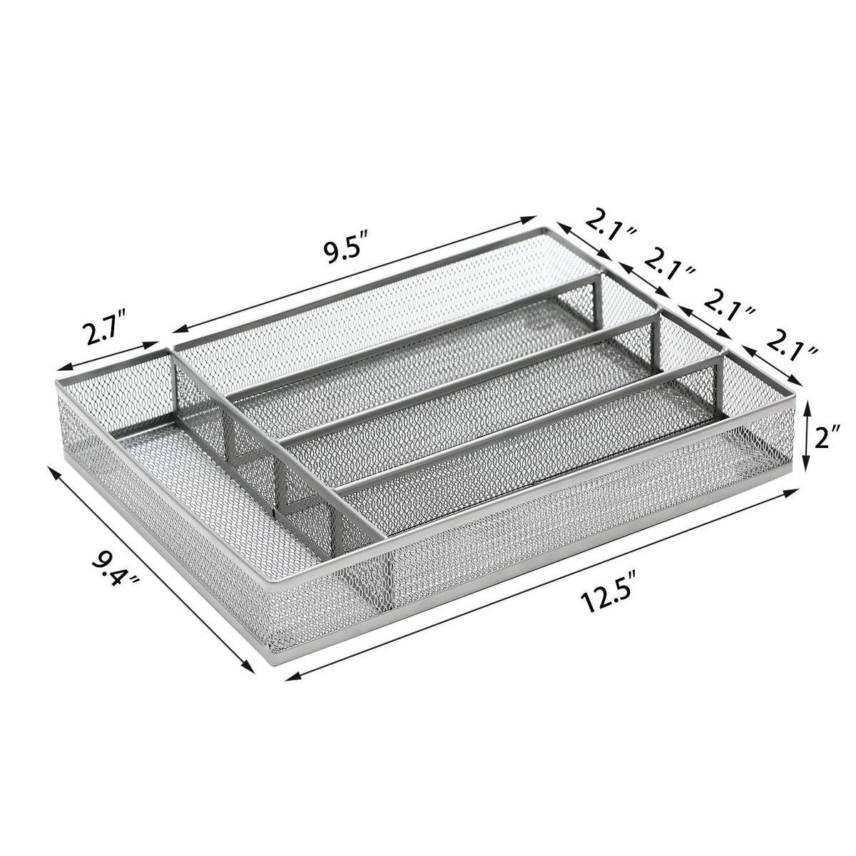 JANE EYRE Drawer Organizer, Cutlery Tray Silverware Flatware Storage Divider for Kitchen, Mesh Wire with Non-slip Foam Feet, 5 Component, Silver