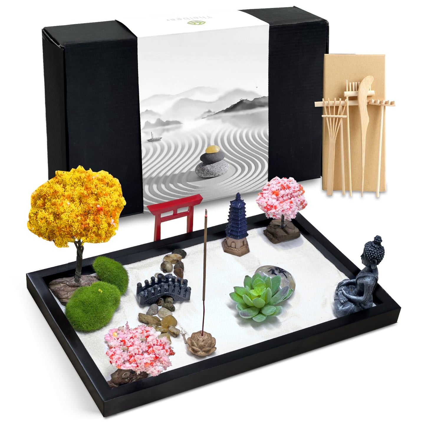 Zen Garden for Desk Decor - Premium Beautiful Japanese Mini Zen Sand Garden Kit Box for Home, Office Desk with Black Wooden Tray, White Sand, Tools, Red Gate, Buddha - Desktop Set