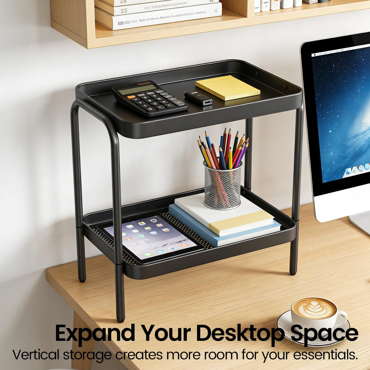 NobleForm 2 in 1 Desktop & Floor End Table with Storage Shelves, Compact 2-Tier Side Table for Office Desk Organization, Bedside Nightstand, Small Space Nightstand for Living Room, Bedroom, Office