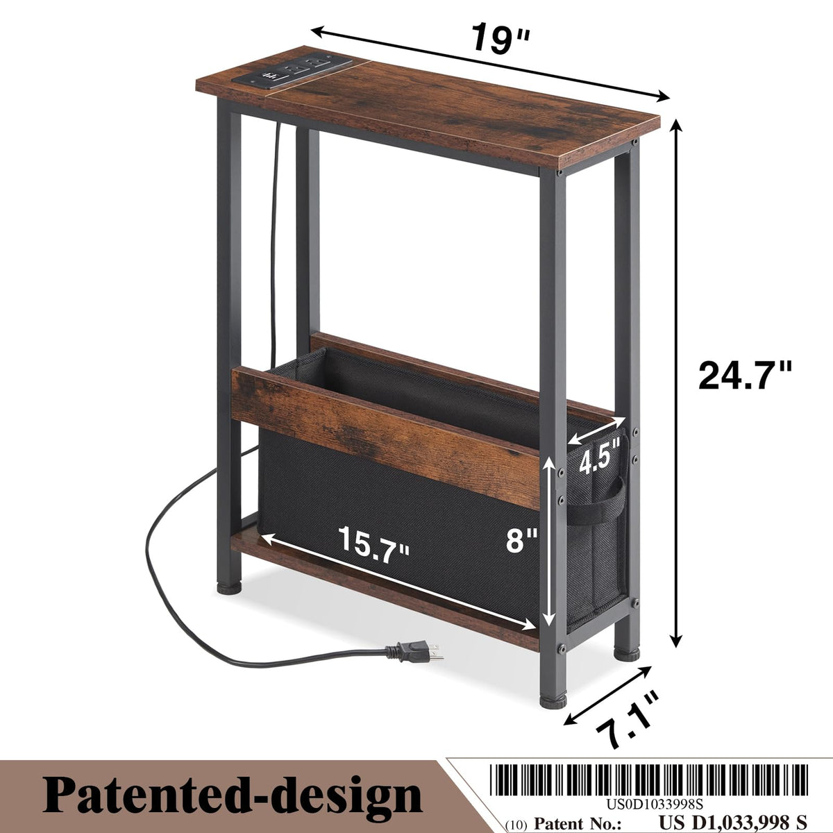 Slim Charging End Table with Storage - For Small Spaces and Bedroom