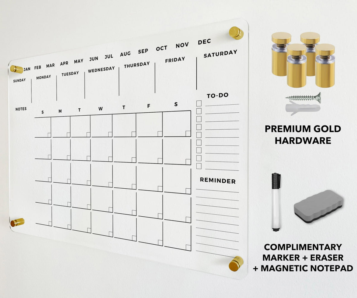 Premium Acrylic Wall Calendar - Dry Erase Board - Large Glass Calendar for Wall - Reusable Board for Office and Home - Gold Hardware (18x14 (Small))