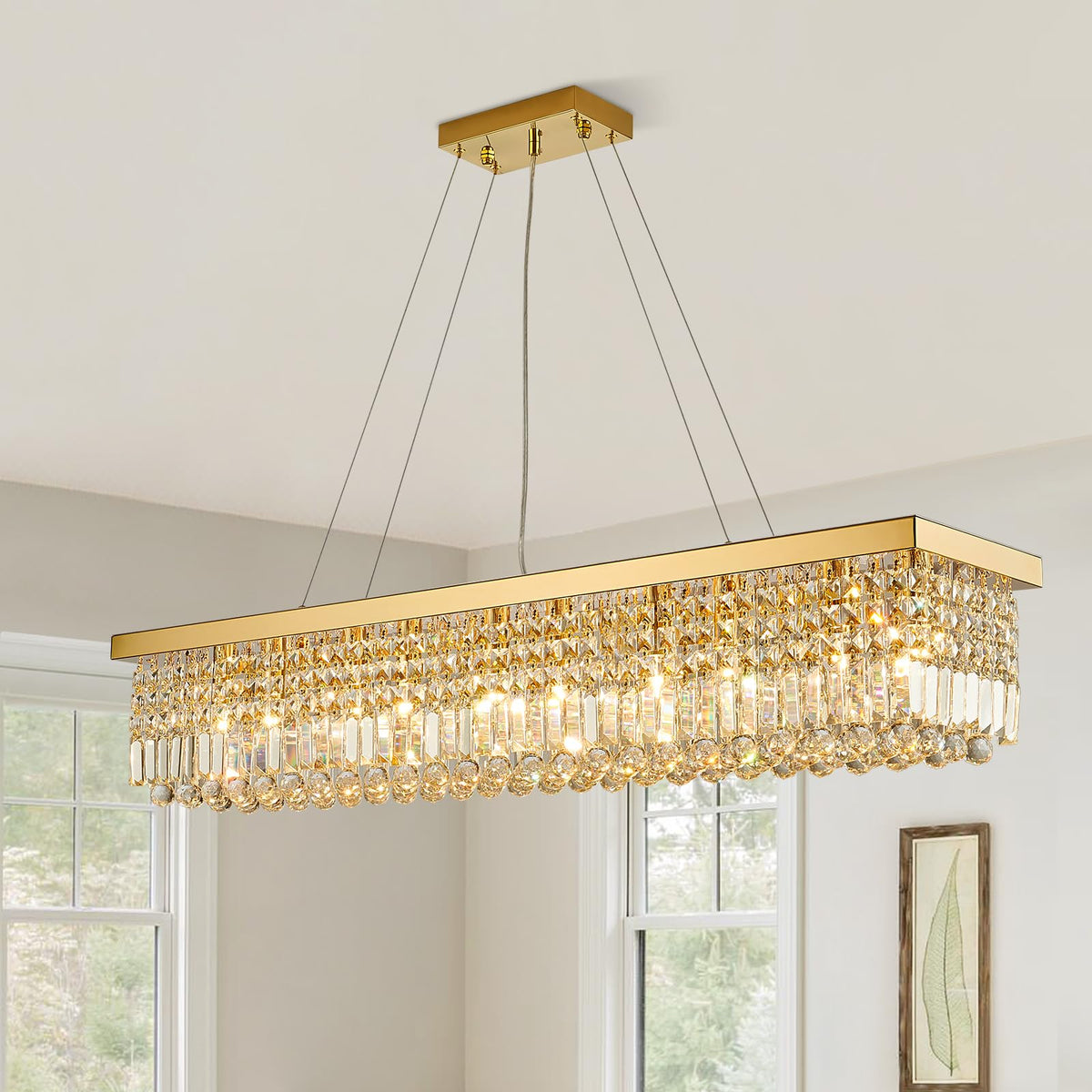 Siljoy Rectangular Gold Crystal Chandelier for Dining Room, 10-Light Modern Rectangle K9 Crystal Raindrop Chandelier, Luxury Dimmable Crystal Ceiling Light for Living Room Kitchen Island L47''