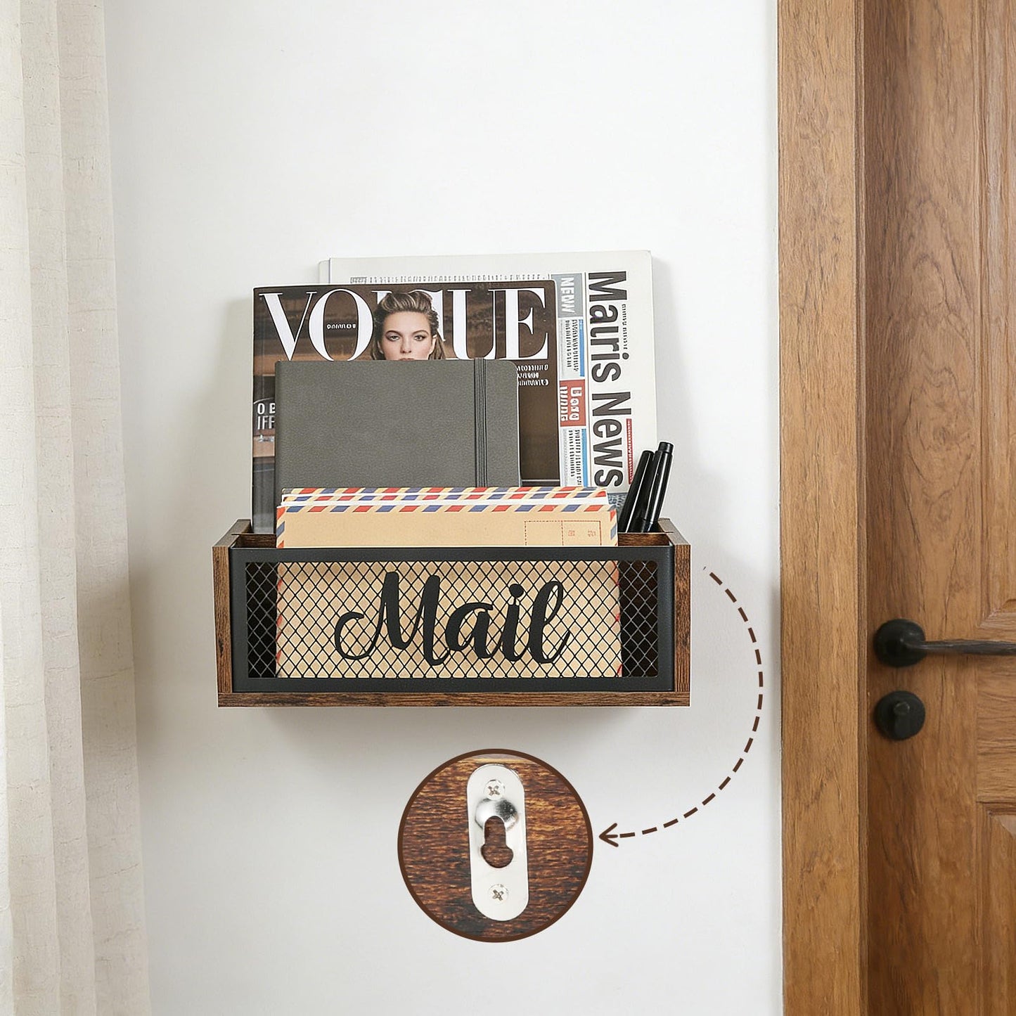 Mail Organizer Countertop, Rustic Farmhouse 2-Slot Wood & Iron Mail Holder, Retro Wall Mounted or Desk Entryway Letter Bill Envelope Sorter, No Assembly