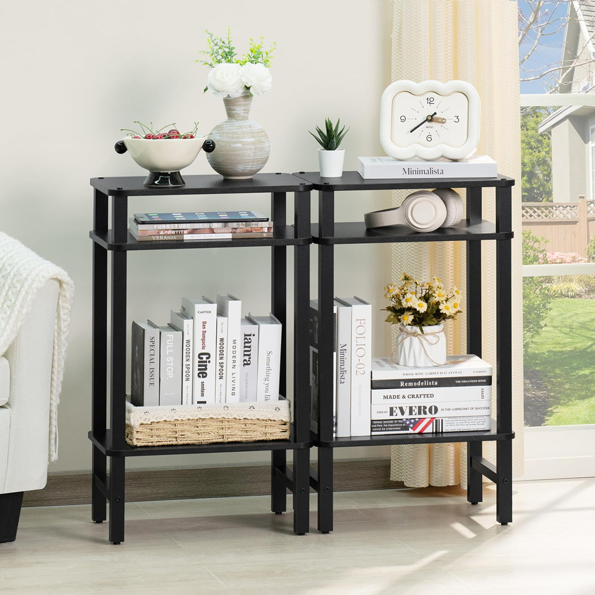 YUFAM Side Table End Table Tall Night Stand 3-Tier for Living Room Bedroom Bathroom Office Furniture Black