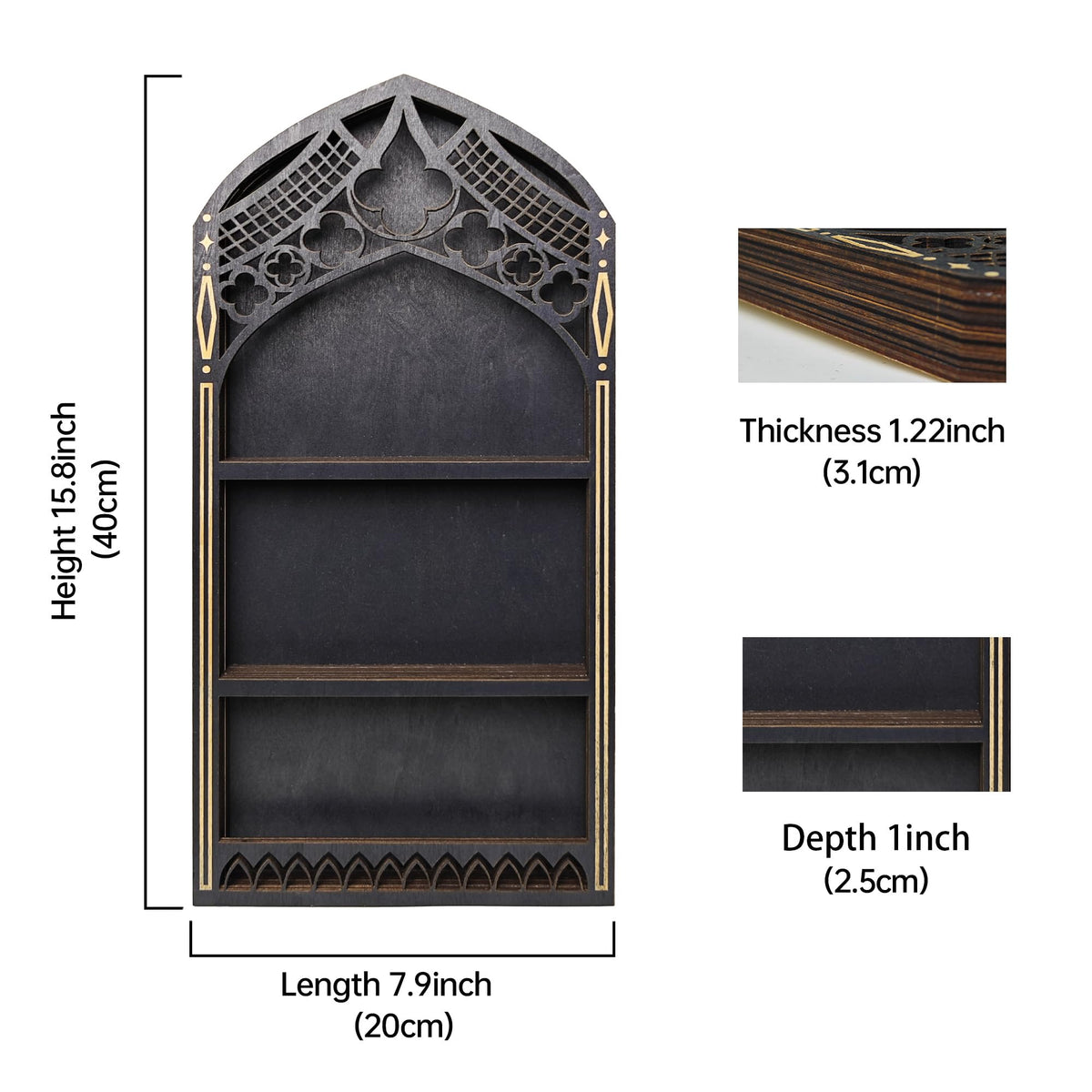 Gothic Window Crystal Shelf Display for Wall, Wooden Gem Stone Rock Storage Holder Trinkets Organizer, Wall Mount Stand Case Box for Witch Wiccan Decor, Spiritual Gift for Home Bedroom Living Room