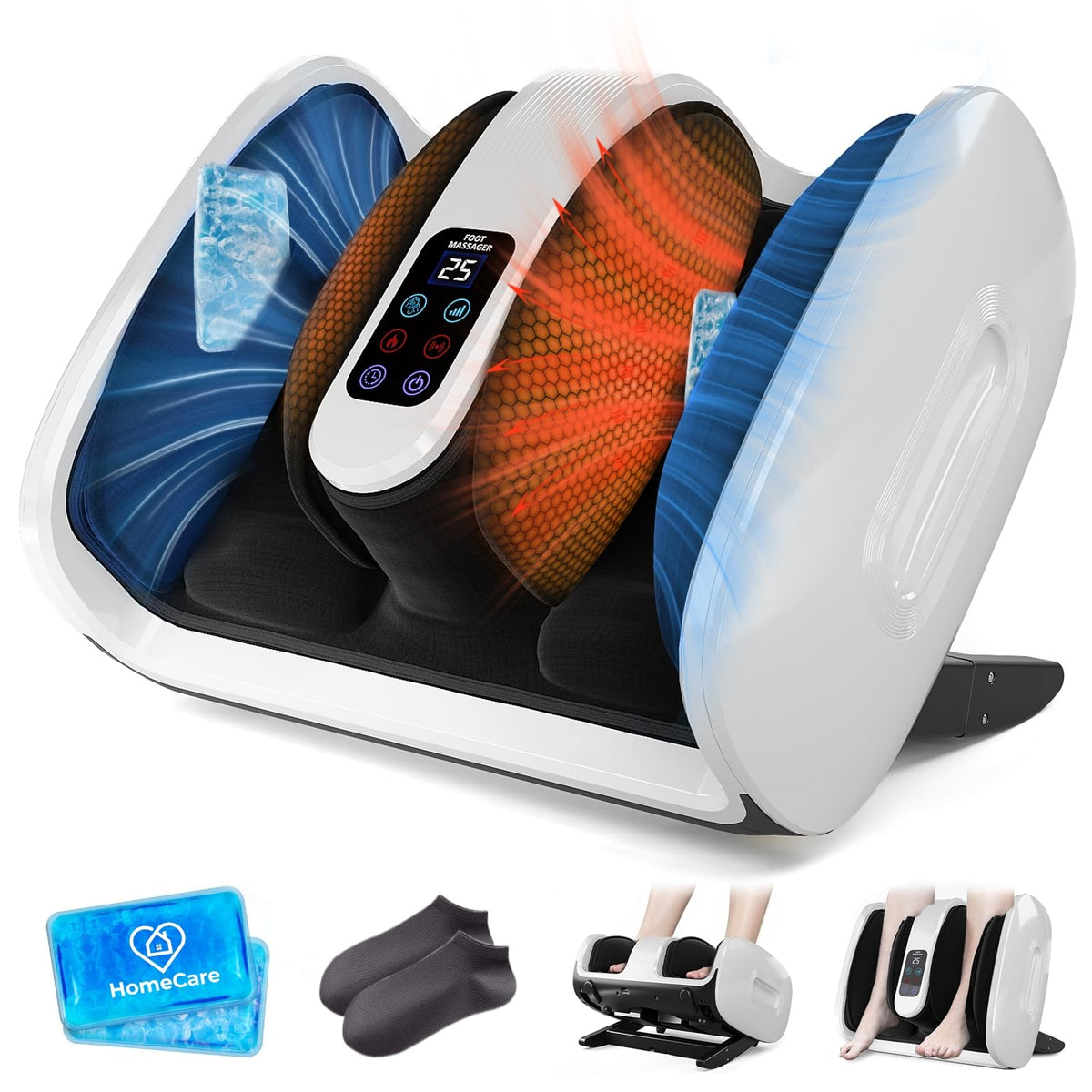 HomeCare Foot Massager with Heat & Ice Therapy, Shiatsu Deep Kneading Compression Foot Massagers for Plantar Fasciitis & Neuropathy Relief, Adjustable Intensity, FCC/CE Certified