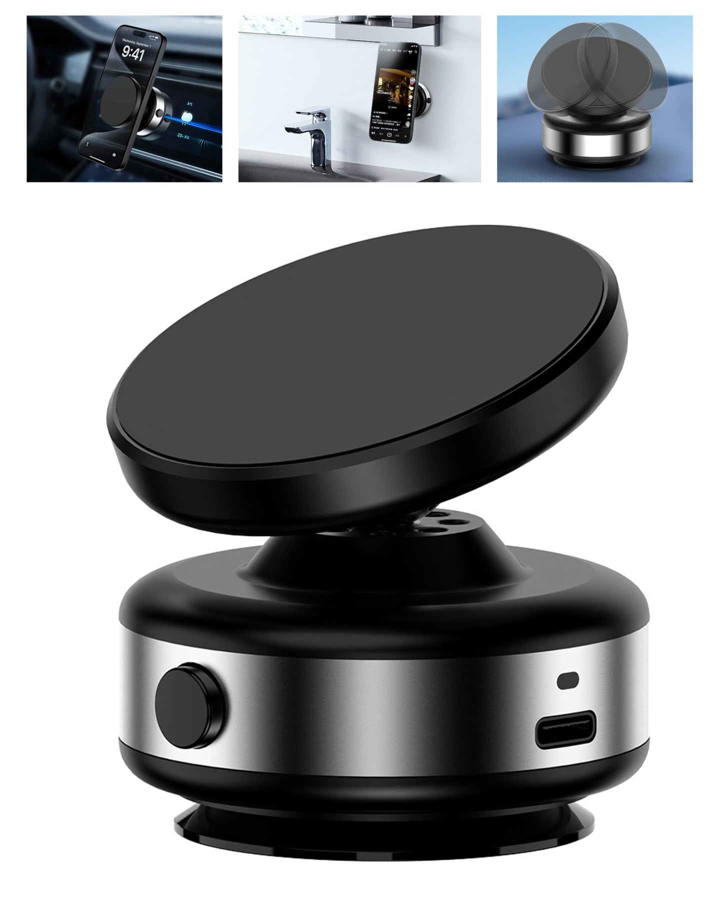 Electric Vacuum Suction Cup Magnetic Phone Mount, 360 Rotatable Magnetic Cell Phone Holder, Adjustable Hands-Free Portable for Magsafe iPhone Car Gym Mirror Smooth Surface(Silver)