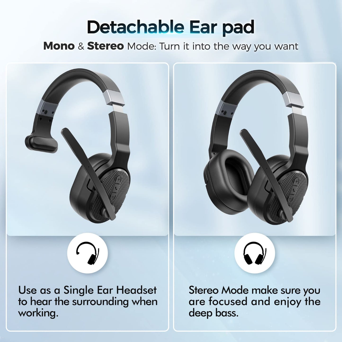 COSMUSIS Trucker Bluetooth Headset, Wireless Headsets with Noise Cancelling Microphone, Long Battery Life Bluetooth Headphones with Detachable Earpad/Single+Dual Mode for Office/Driving/Home