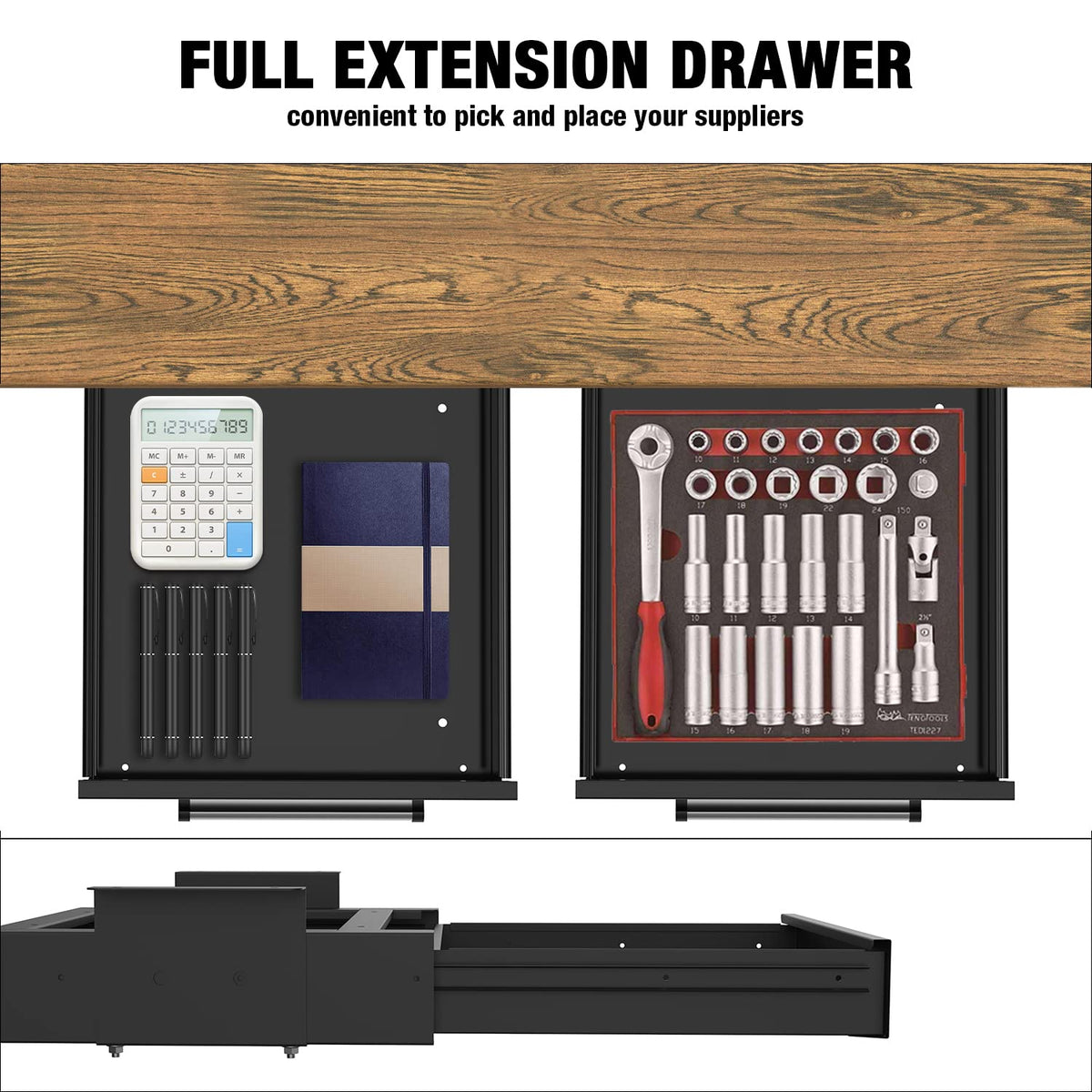 UNITEDPOWER Under Desk Drawer Storage, Pull-Out Office Hidden Counter Drawer, Metal Sliding Organizer Mount Below Table, Optional Bracket Height, Black