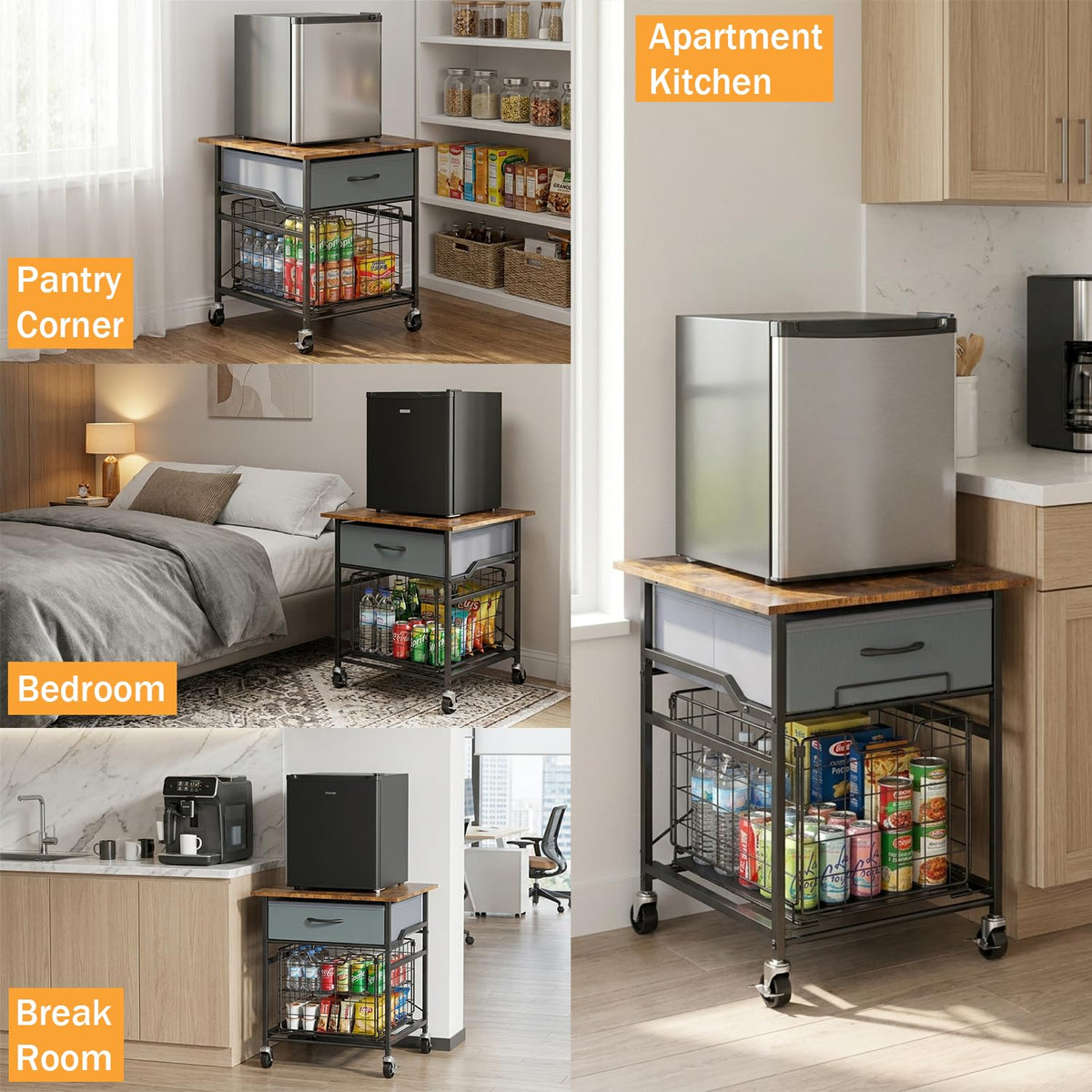 GloCryp Mini Fridge Stand, Heavy-Duty End Table Fridge Table with Storage, Small Refrigerator Stand with Rolling Wheels for Dorm, Kitchen,Pantry