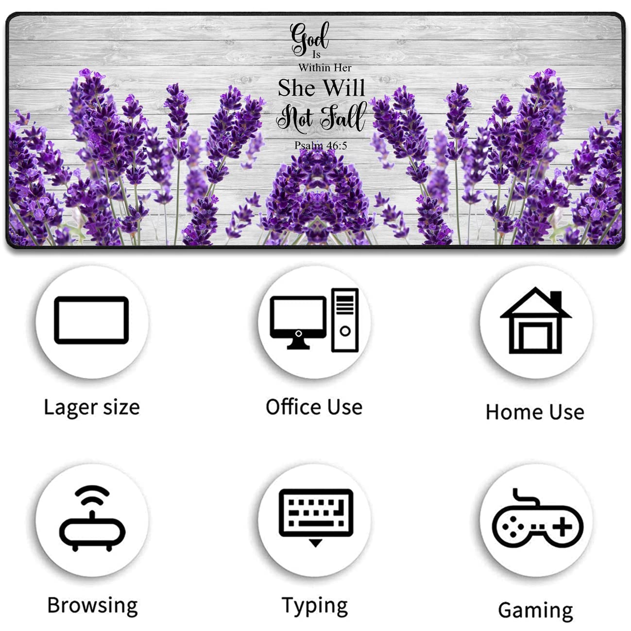 Large Gaming Mouse Pad 31.5x11.8 Inch Keyboard Pad + Ergonomic Wrist Rest Pad and Coaster with Non-Slip 3-Piece Desk Supplies Set, Bible Psalm 46:5 Lavender Design for Gamers/Office/Study