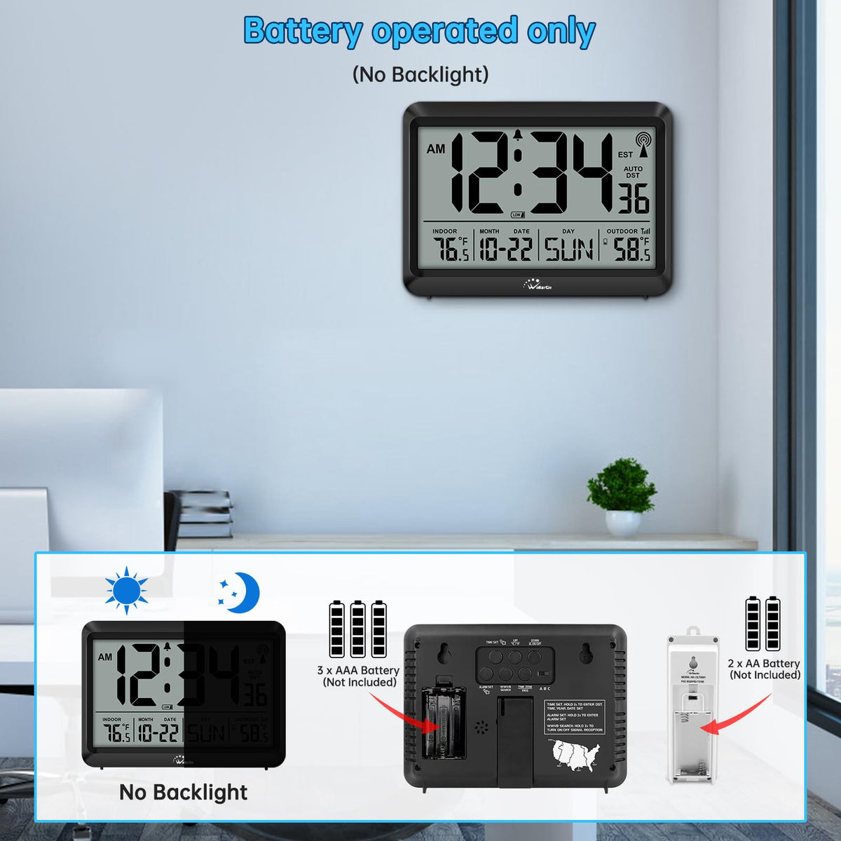 WallarGe Atomic Clock with Indoor Outdoor Temperature - 8.5'' Digital Clock Battery Operated, Self-Setting, 4 Time Zones, DST