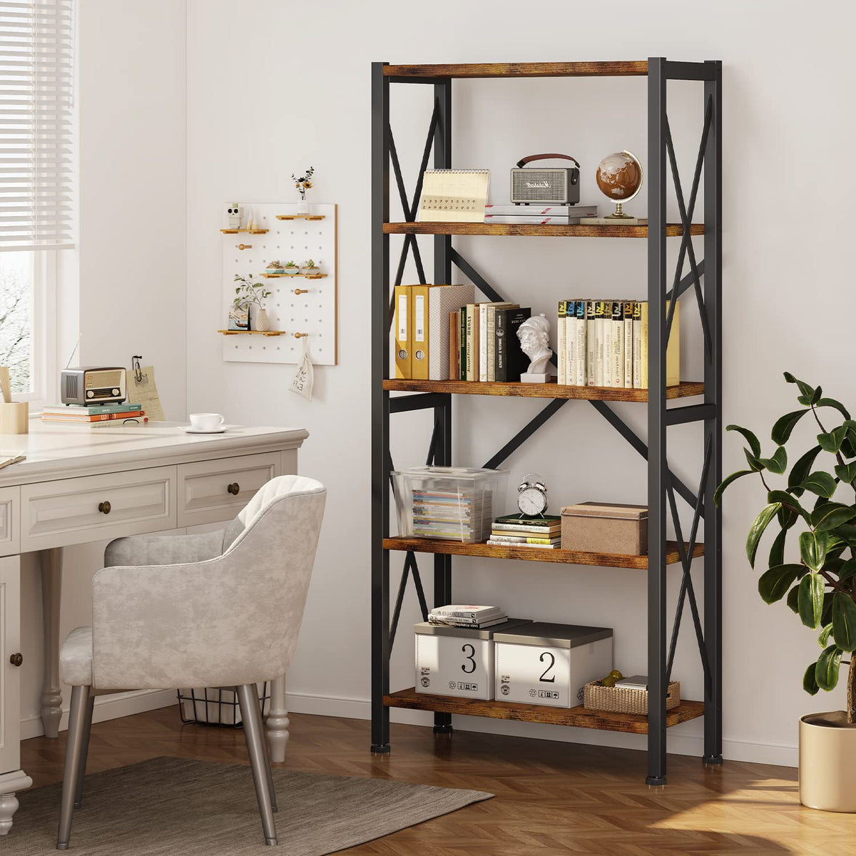 Homeiju 5-Tier Bookshelf,Wood Bookcase,Book Shelf with Steel Frame, Storage Rack with Open Shelves, Rustic Standing Bookshelves Ladder Shelf 110lbs/shelf for Bedroom,Living Room and Home Office