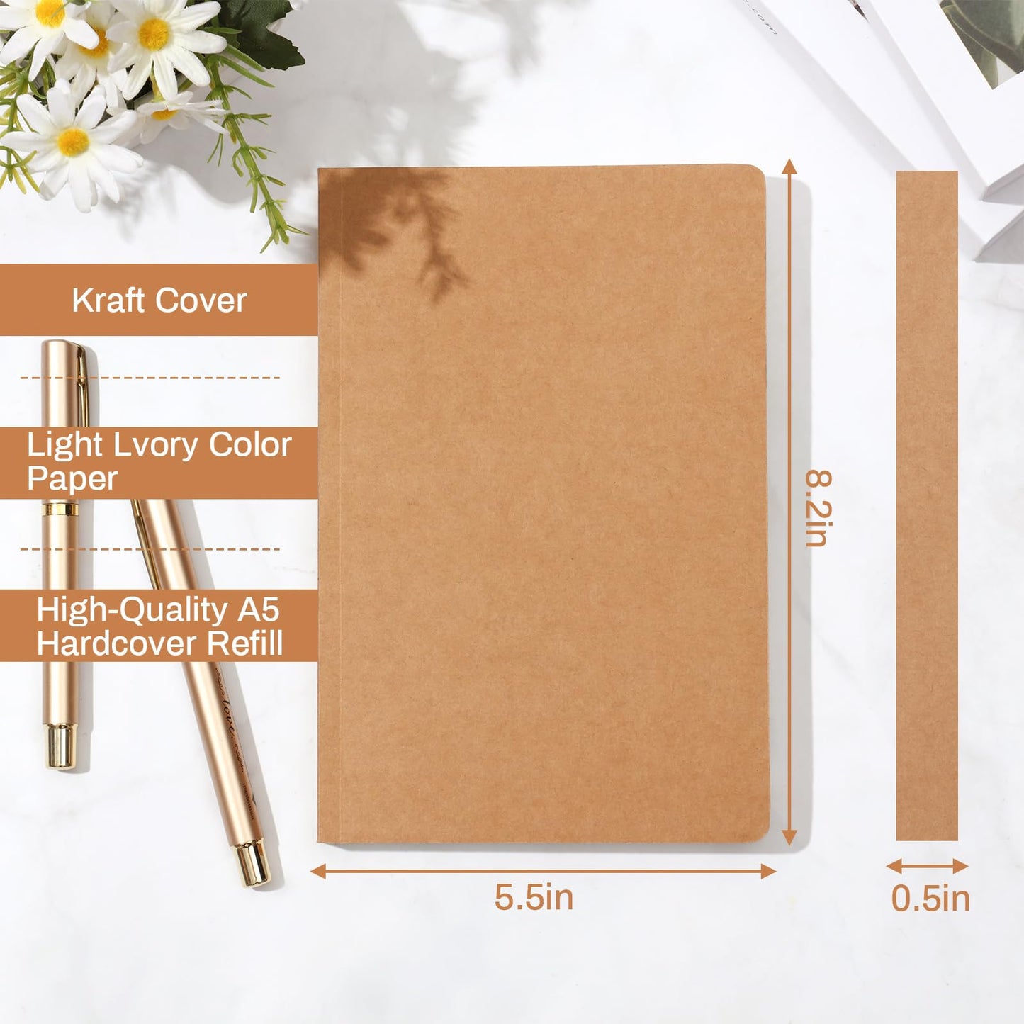 Zhanmai 10 Pack A5 Journal Refill 5.5 x 8.2'' Refillable Notebook Inserts A5 Paper Refill Kraft Travelers Journal Notebooks for Office School Writing Supplies, 100 Sheets/200 Pages(Ruled Lined)