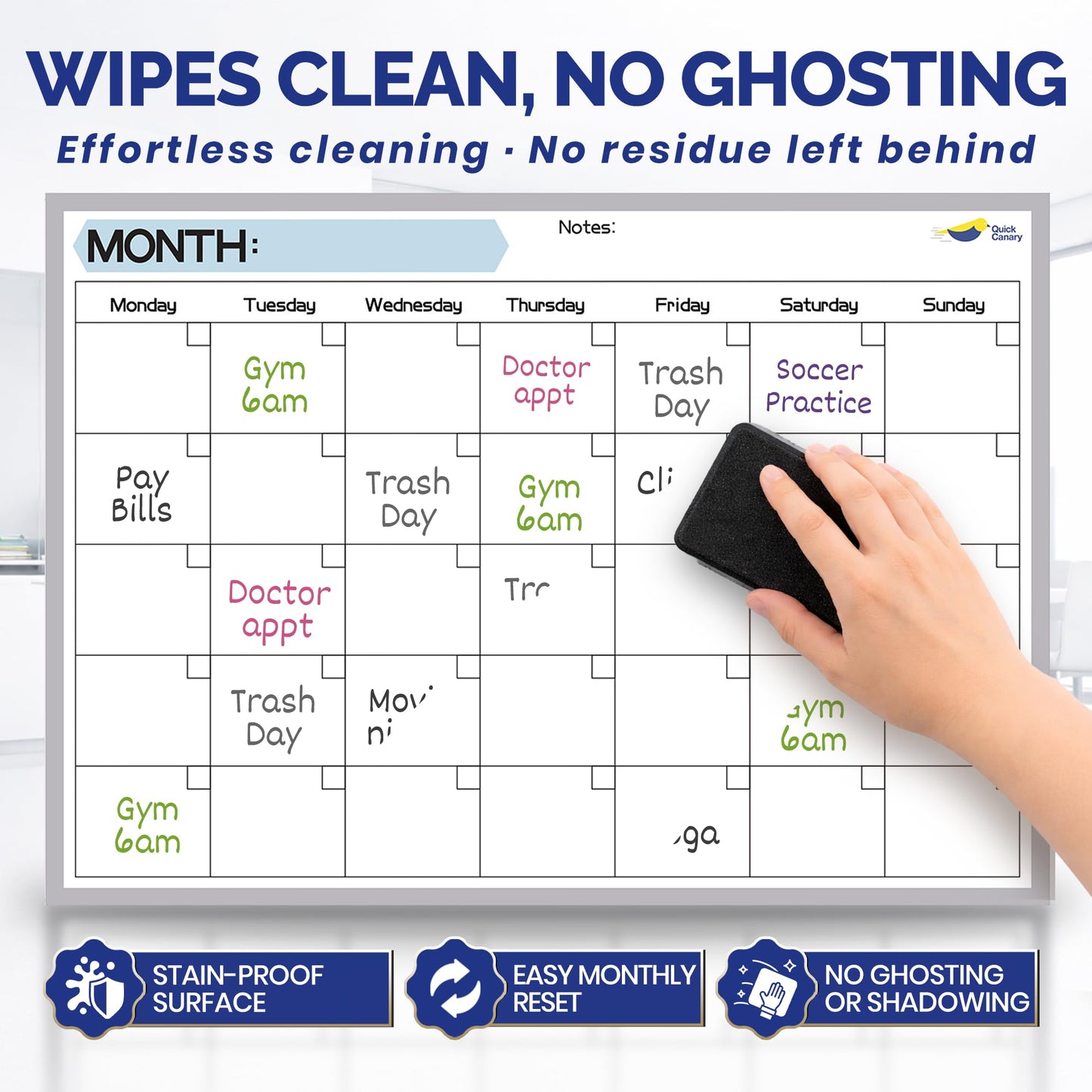 Monthly Magnetic Calendar for Refrigerator - 17x12” Stain-Resistant Dry Erase Fridge Calendar Whiteboard with Large Writing Space for Schedules, Chores & Meals - With 4 Markers & Eraser - Monday Start