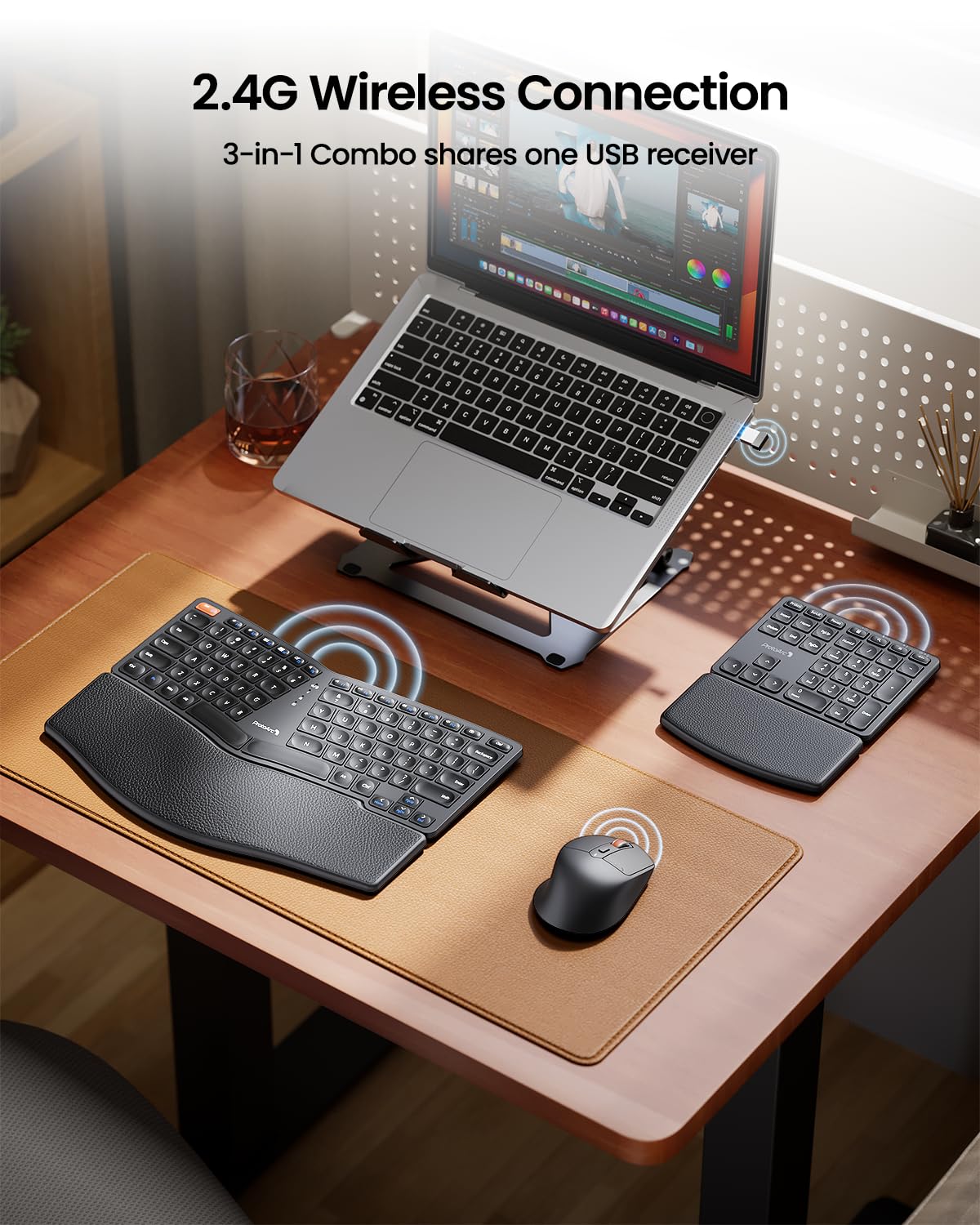 ProtoArc Ergonomic Keyboard Mouse, EKM04 2.4GHz USB Wireless Ergo Keyboard Mouse Combo with Separate Numeric Keypad, Split Design, Hard Wrist Rest, Rechargeable, for Windows Desktop/PC/Laptop