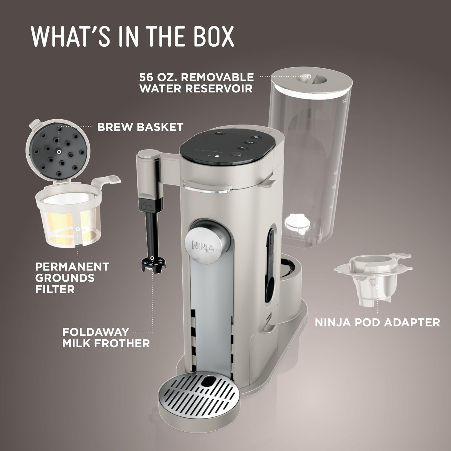Ninja Pod & Grounds Specialty Single-Serve Coffee Maker, K-Cup Pod Compatible, Brews Grounds, Compact Design, Built-In Milk Frother, 56-oz. Reservoir, 6-oz. Cup to 24-oz. Mug Sizes, Stone, PB051ST