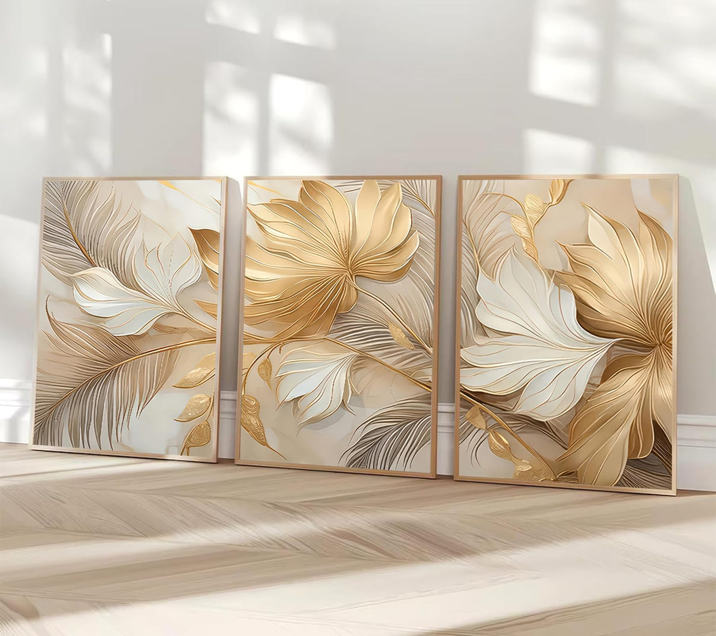 Modern Abstract Gold Botanical Canvas Wall Art Fashion Plants Wall Decor Pictures Leaf Light Luxury Poster Prints Flowers Painting Artwork for Living room Office Decoration 12x16in Frameless