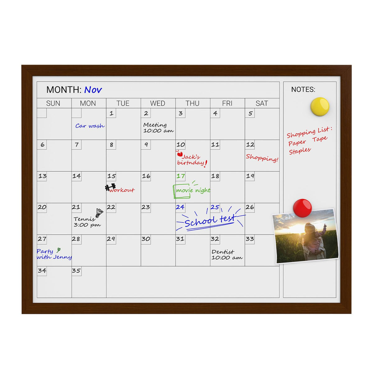 Comix Dry Erase Calendar Whiteboard for Wall, Magnetic Dry Erase White Board with Brown Wood Frame, 24 * 18 inches Decorative Planner Board for Office, Kitchen, School, Home